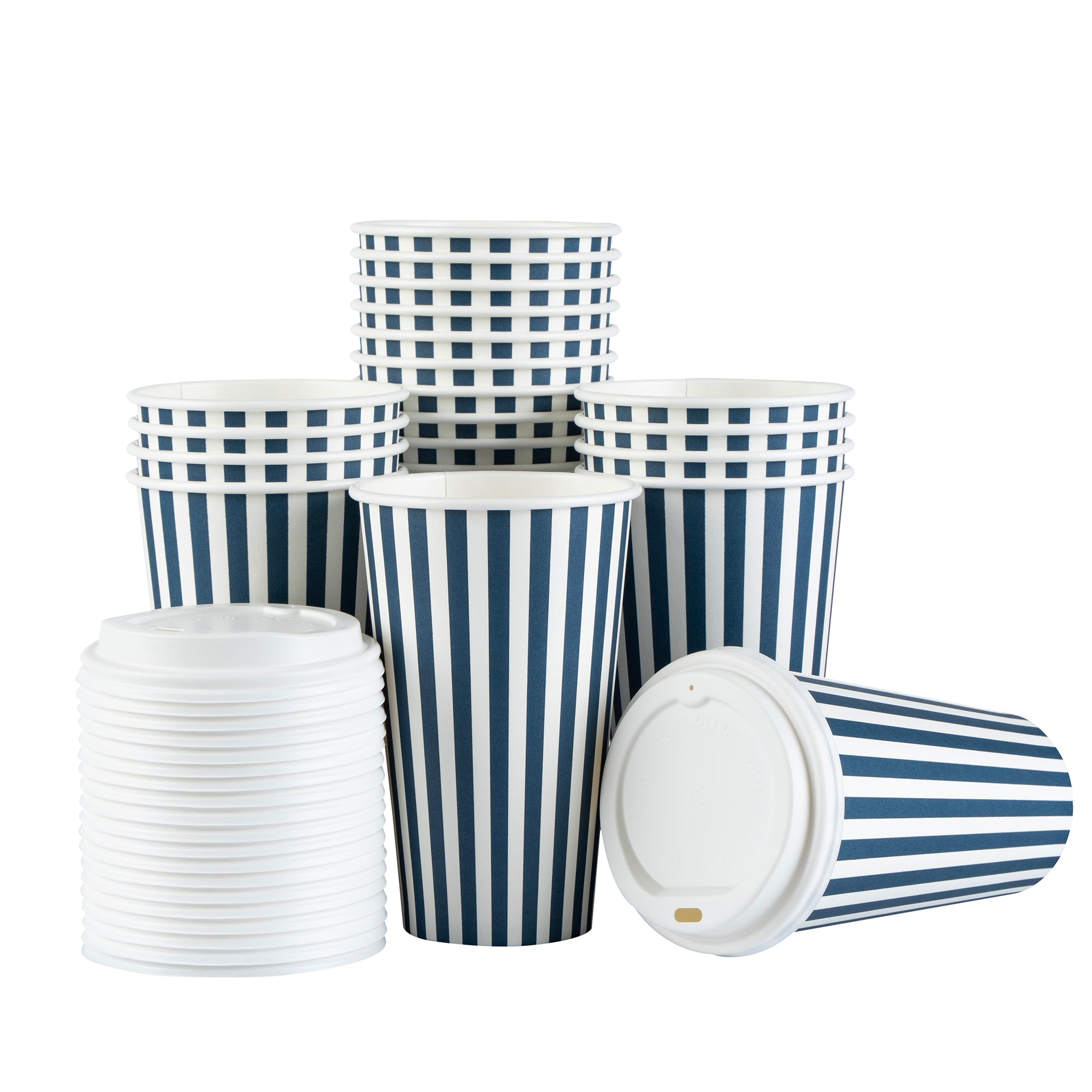 Restpresso 16 oz Blue and White Stripe Paper Single Wall Coffee Cup - with White Lid - 3 1/2"x 3 1/2"x 5 3/4" - 400 count box