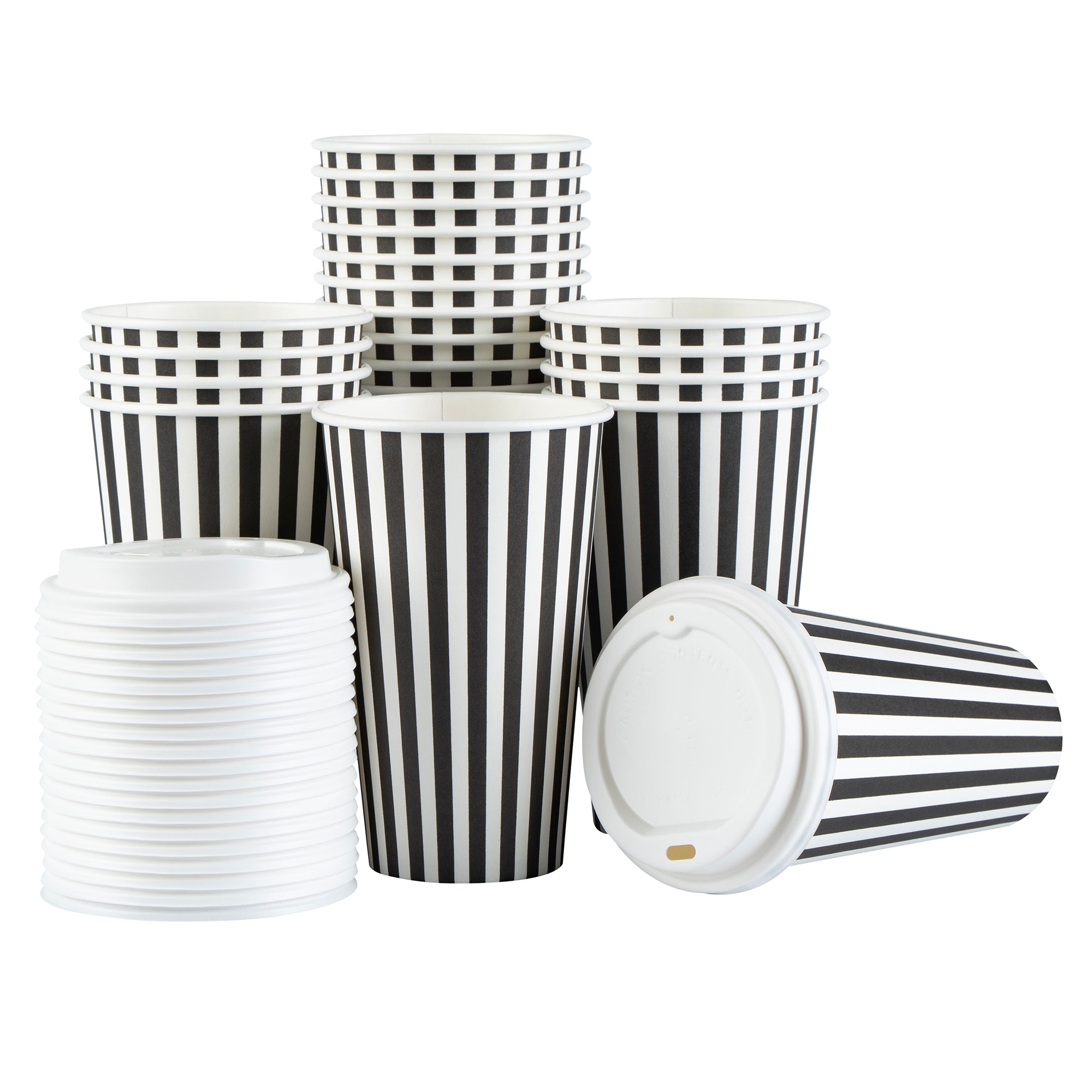 Restpresso 16 oz Black and White Stripe Paper Single Wall Coffee Cup - with White Lid - 3 1/2"x 3 1/2"x 5 3/4" - 400 count box