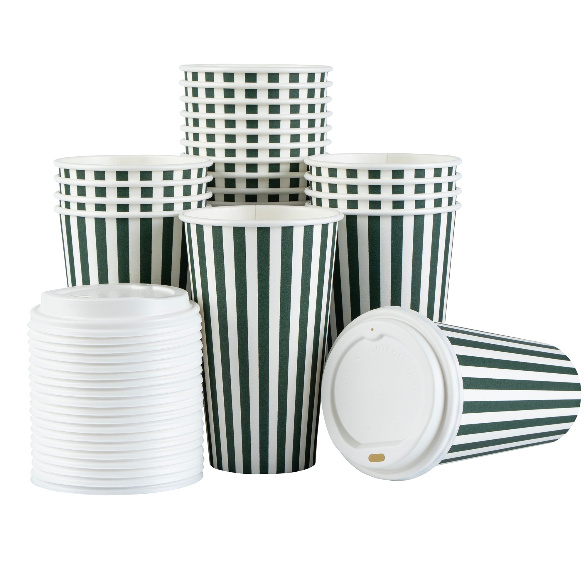 Restpresso 16 oz Forest Green and White Stripe Paper Single Wall Coffee Cup - with White Lid - 3 1/2"x 3 1/2"x 5 3/4" - 400 count box