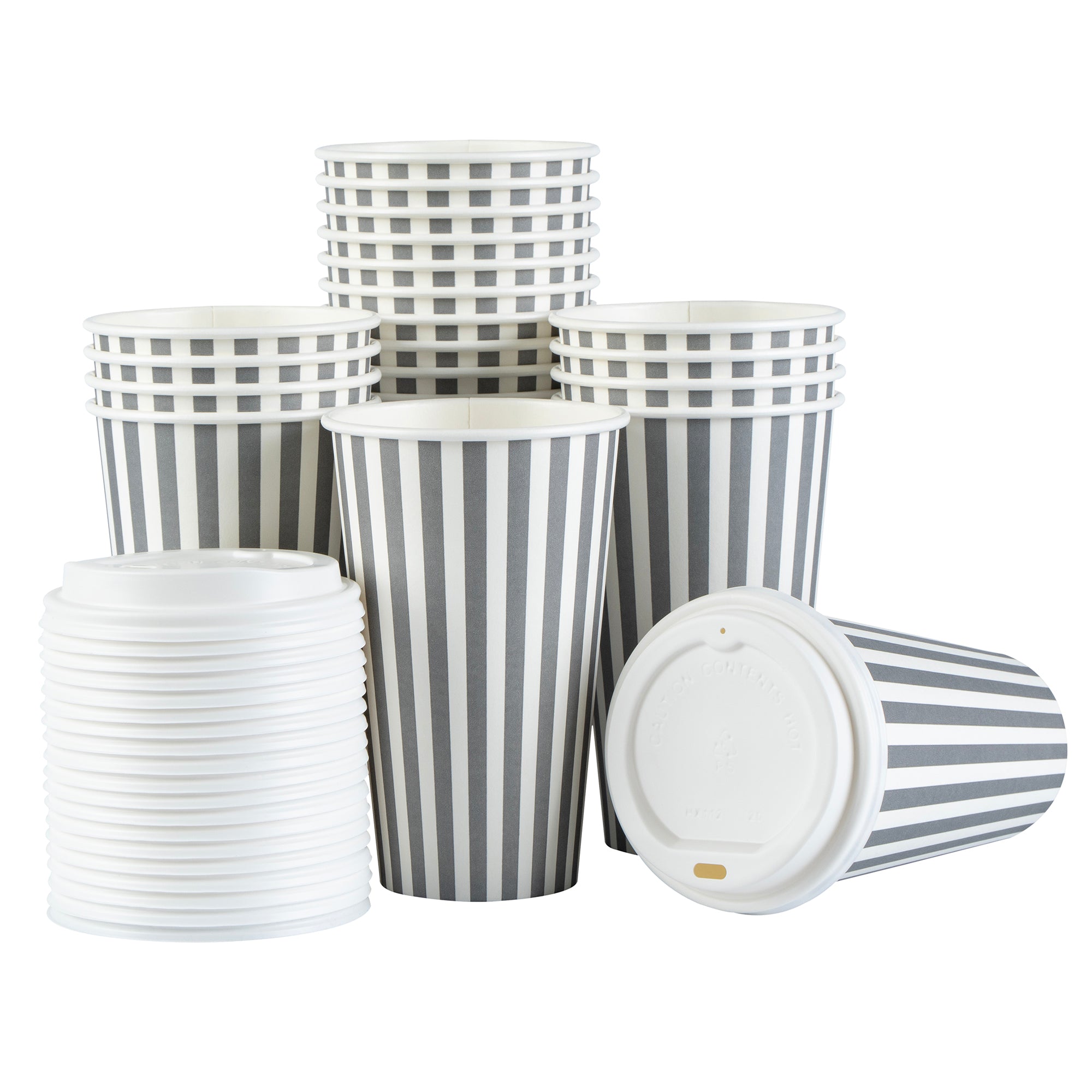 Restpresso 16 oz Gray and White Stripe Paper Single Wall Coffee Cup - with White Lid - 3 1/2"x 3 1/2"x 5 3/4" - 400 count box