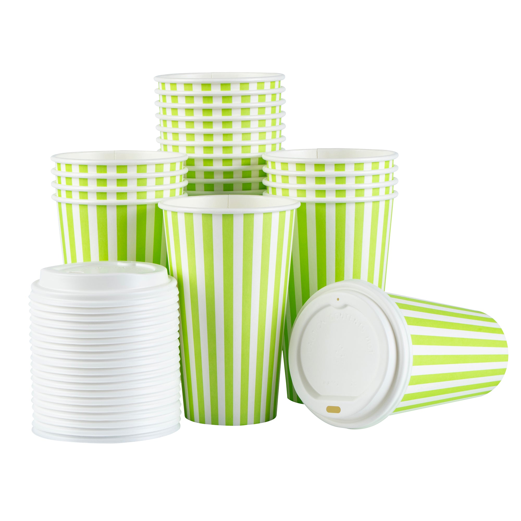 Restpresso 16 oz Green and White Stripe Paper Single Wall Coffee Cup - with White Lid - 3 1/2"x 3 1/2"x 5 3/4" - 400 count box