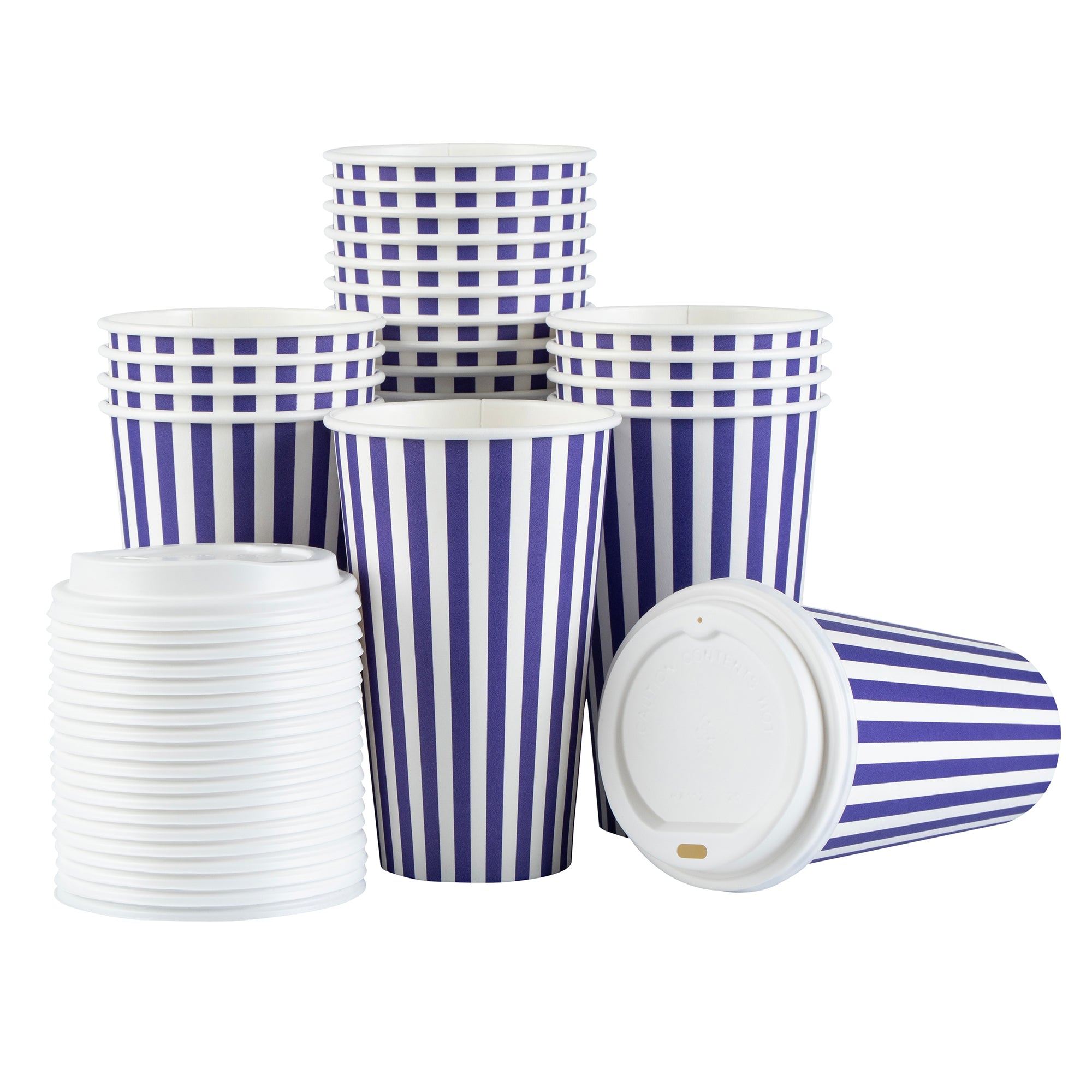 Restpresso 16 oz Purple and White Stripe Paper Single Wall Coffee Cup - with White Lid - 3 1/2"x 3 1/2"x 5 3/4" - 400 count box