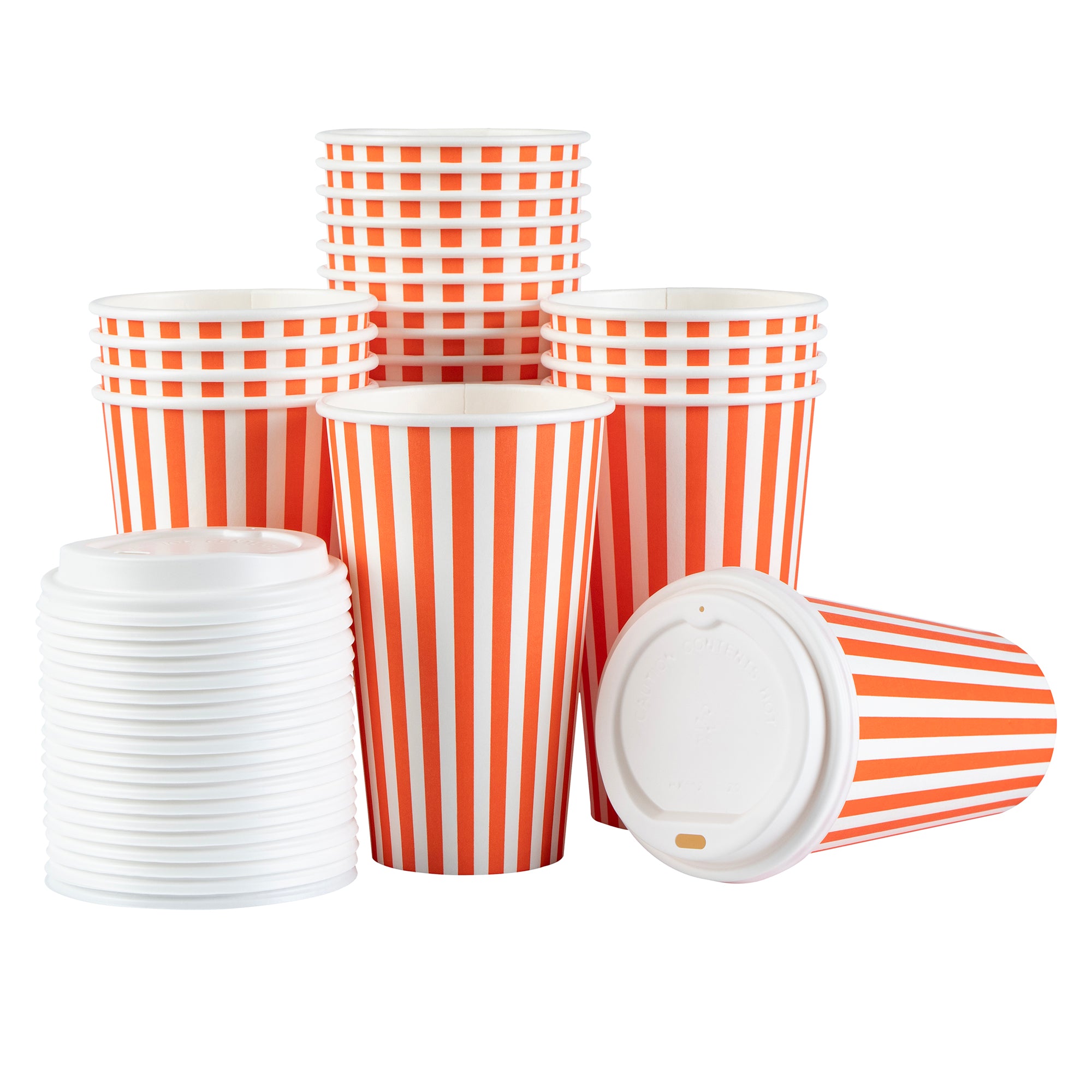 Restpresso 16 oz Orange and White Stripe Paper Single Wall Coffee Cup - with White Lid - 3 1/2"x 3 1/2"x 5 3/4" - 400 count box