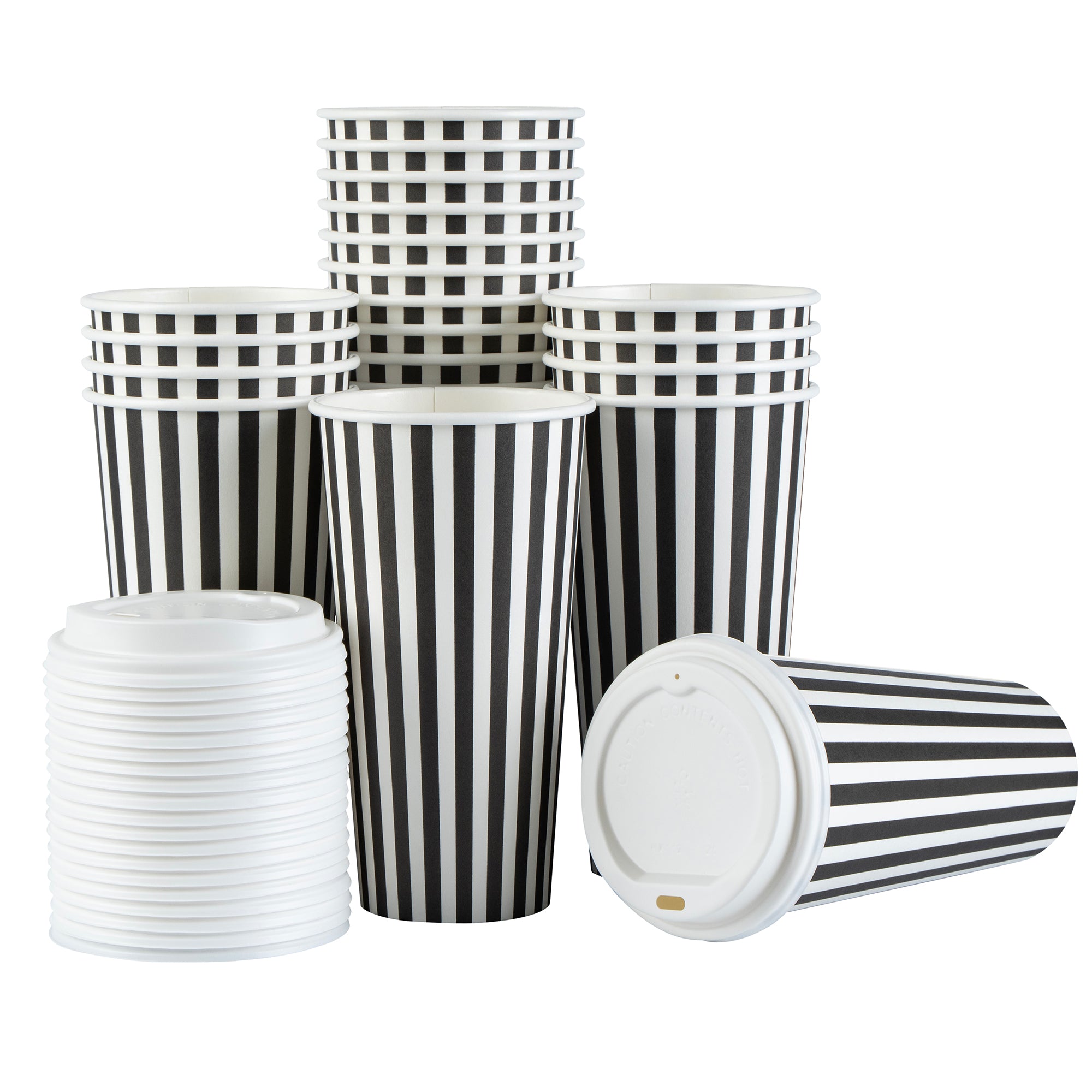 Restpresso 20 oz Black and White Stripe Paper Single Wall Coffee Cup - with White Lid - 3 1/2"x 3 1/2"x 6 1/2" - 400 count box