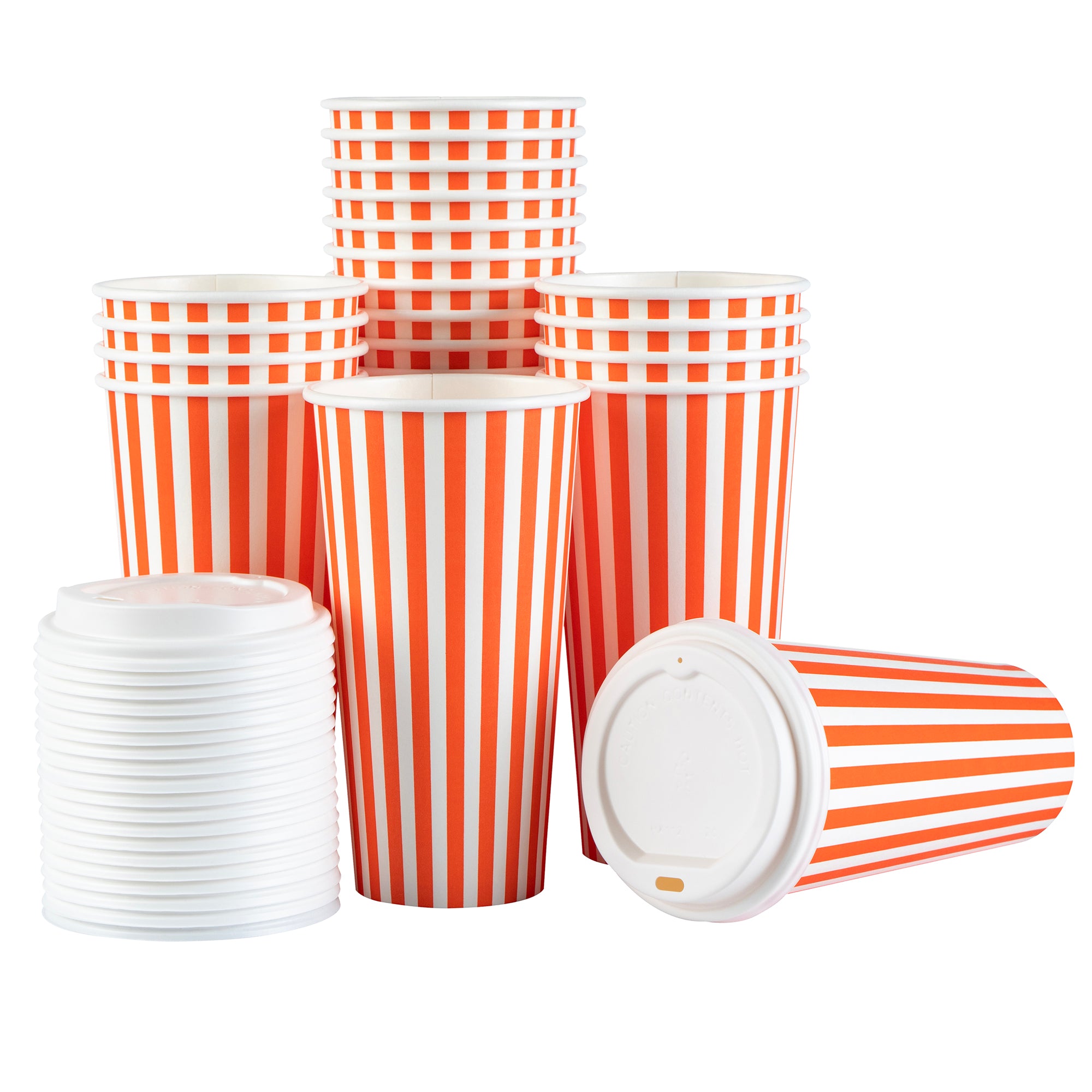 Restpresso 20 oz Orange and White Stripe Paper Single Wall Coffee Cup - with White Lid - 3 1/2"x 3 1/2"x 6 1/2" - 400 count box