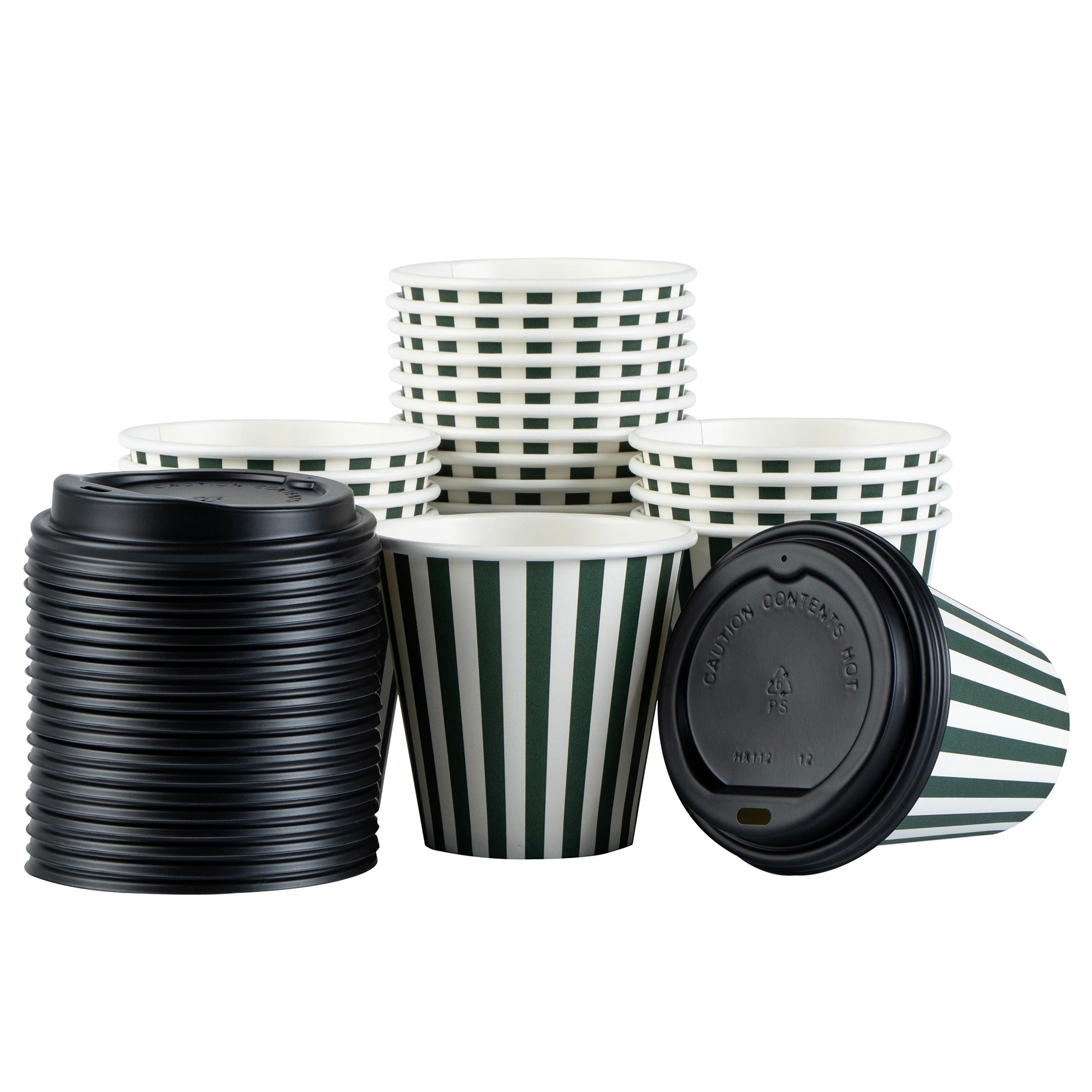 Restpresso 8 oz Forest Green and White Stripe Paper Single Wall Coffee Cup - with Black Lid - 3 1/2" x 3 1/2" x 3 1/4" - 400 count box