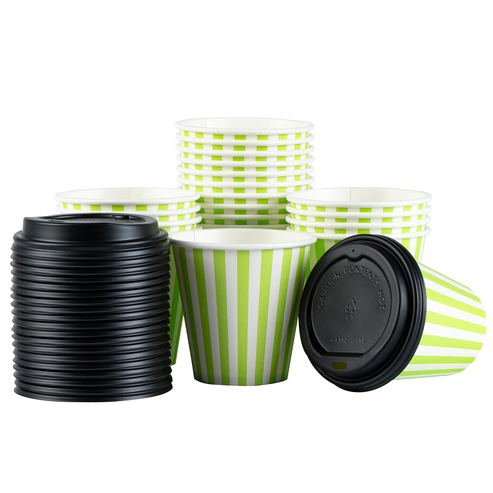 Restpresso 8 oz Green and White Stripe Paper Single Wall Coffee Cup - with Black Lid - 3 1/2" x 3 1/2" x 3 1/4" - 400 count box