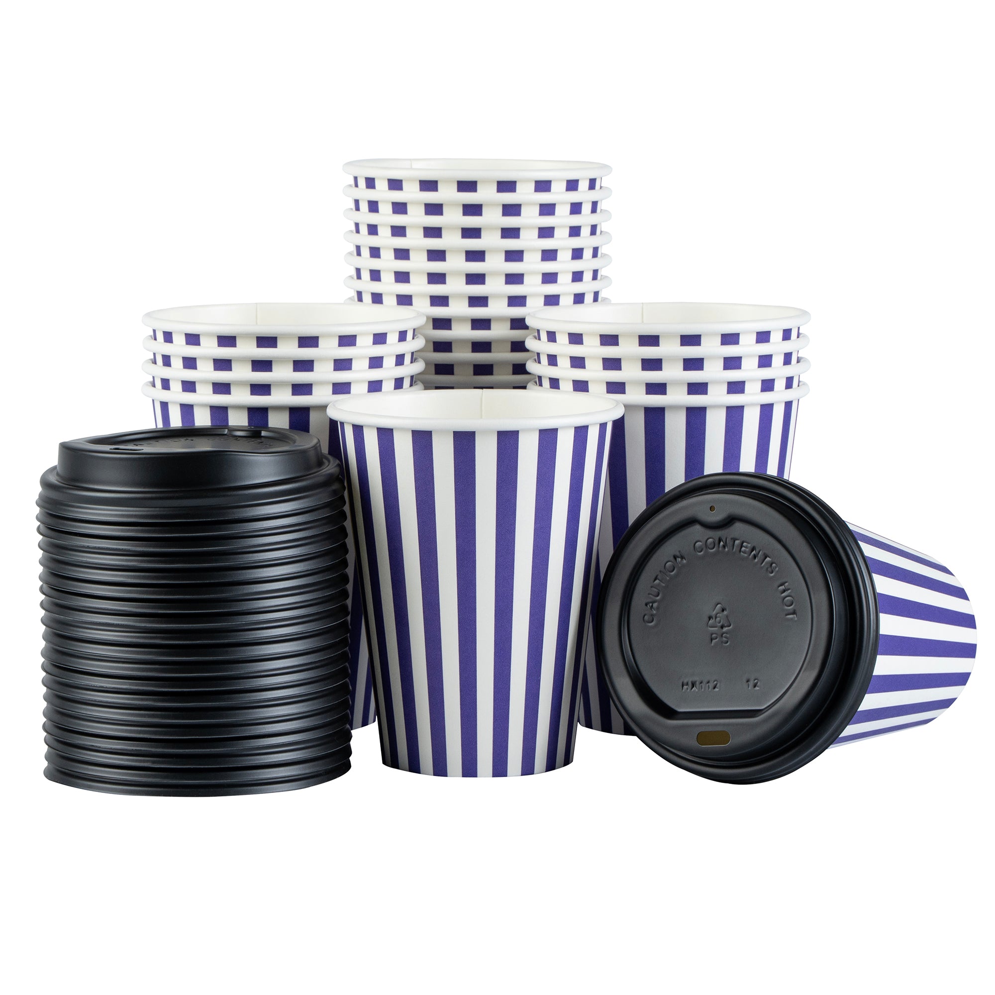 Restpresso 12 oz Purple and White Stripe Paper Single Wall Coffee Cup - with Black Lid - 3 1/2"x 3 1/2"x 4 1/4" - 400 count box