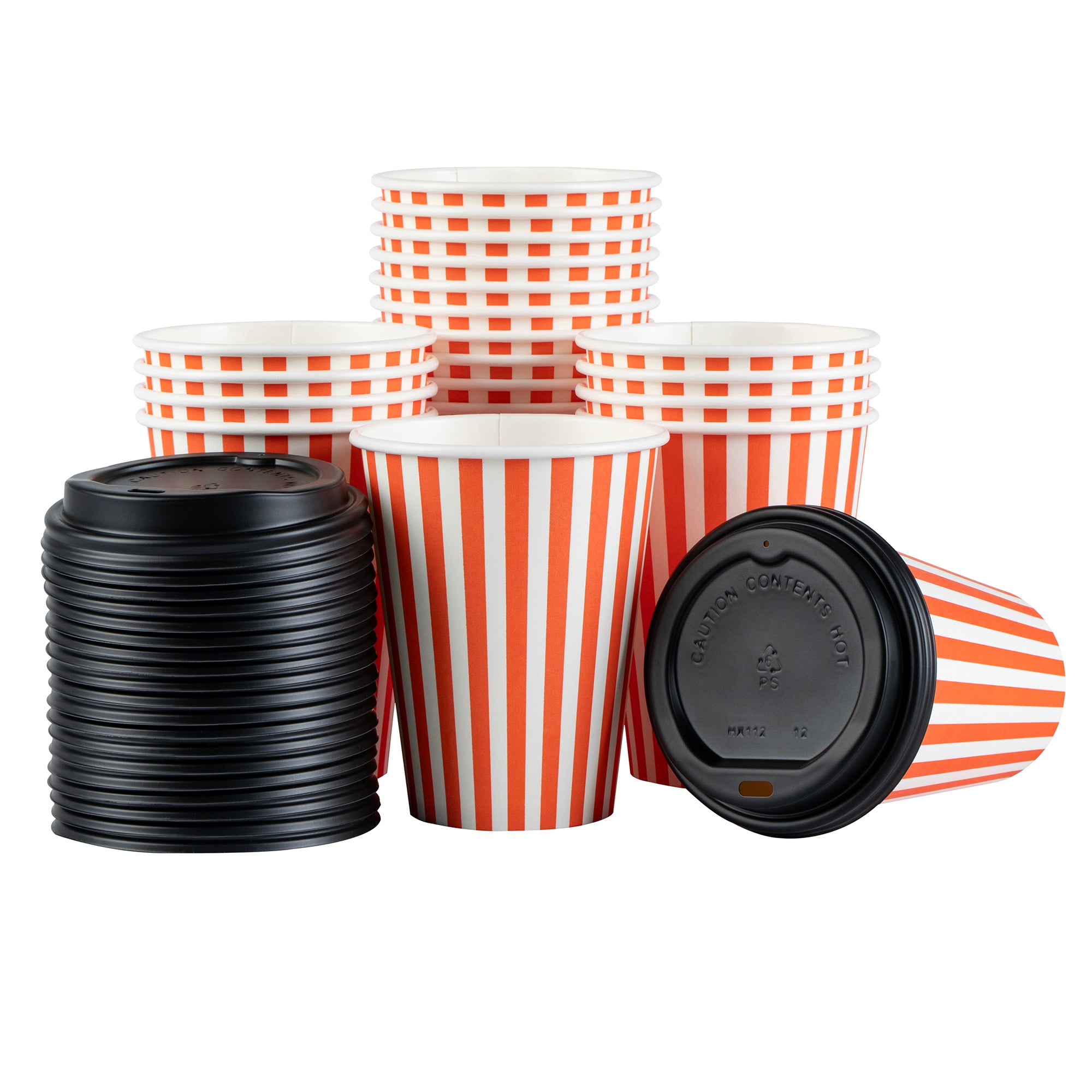 Restpresso 12 oz Orange and White Stripe Paper Single Wall Coffee Cup - with Black Lid - 3 1/2"x 3 1/2"x 4 1/4" - 400 count box