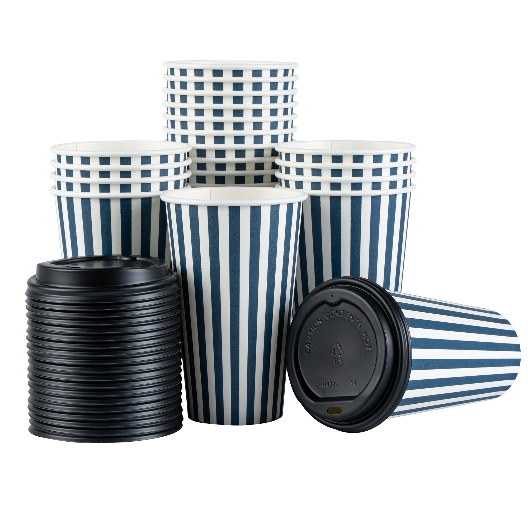 Restpresso 16 oz Blue and White Stripe Paper Single Wall Coffee Cup - with Black Lid - 3 1/2"x 3 1/2"x 5 1/2" - 400 count box