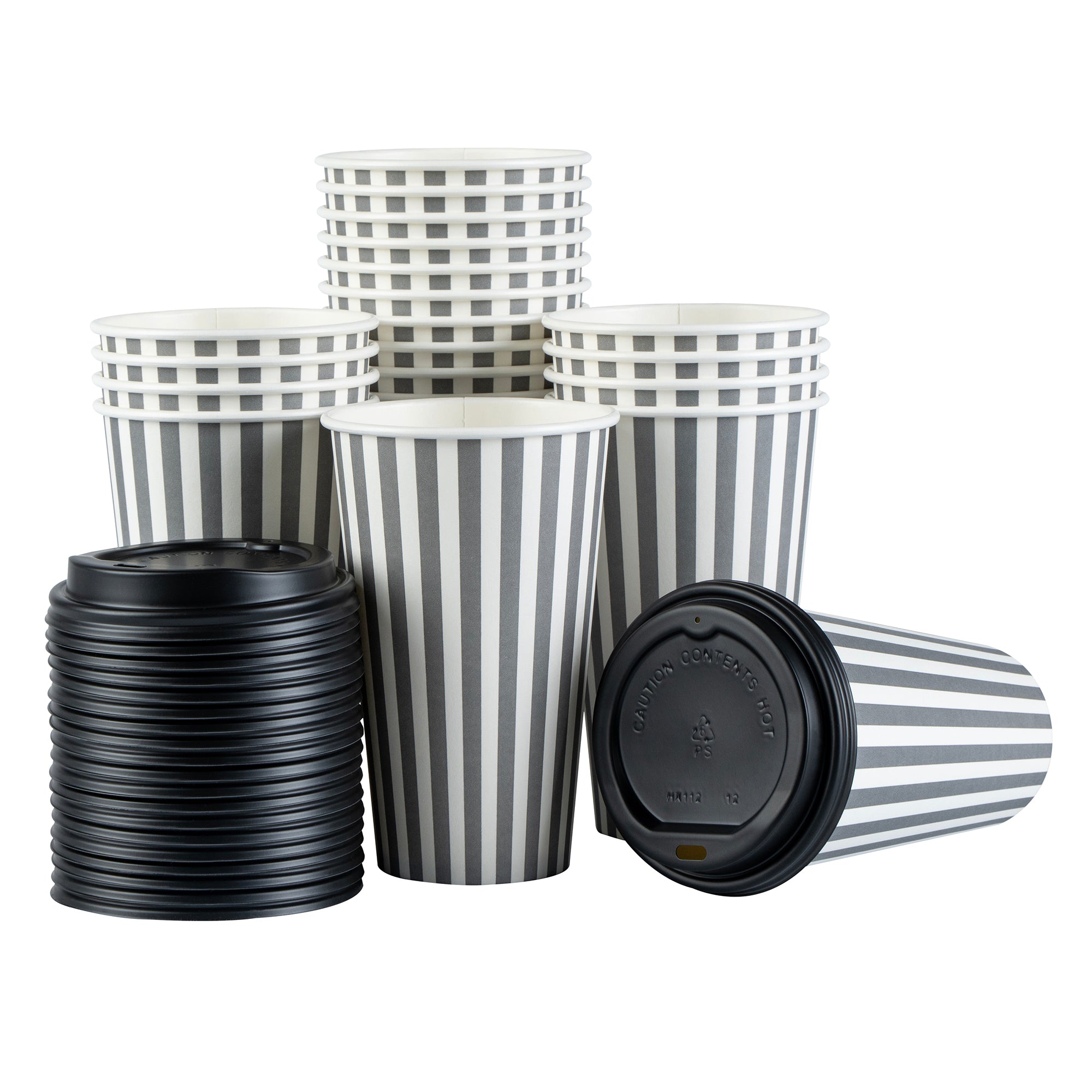 Restpresso 16 oz Gray and White Stripe Paper Single Wall Coffee Cup - with Black Lid - 3 1/2"x 3 1/2"x 5 1/2" - 400 count box