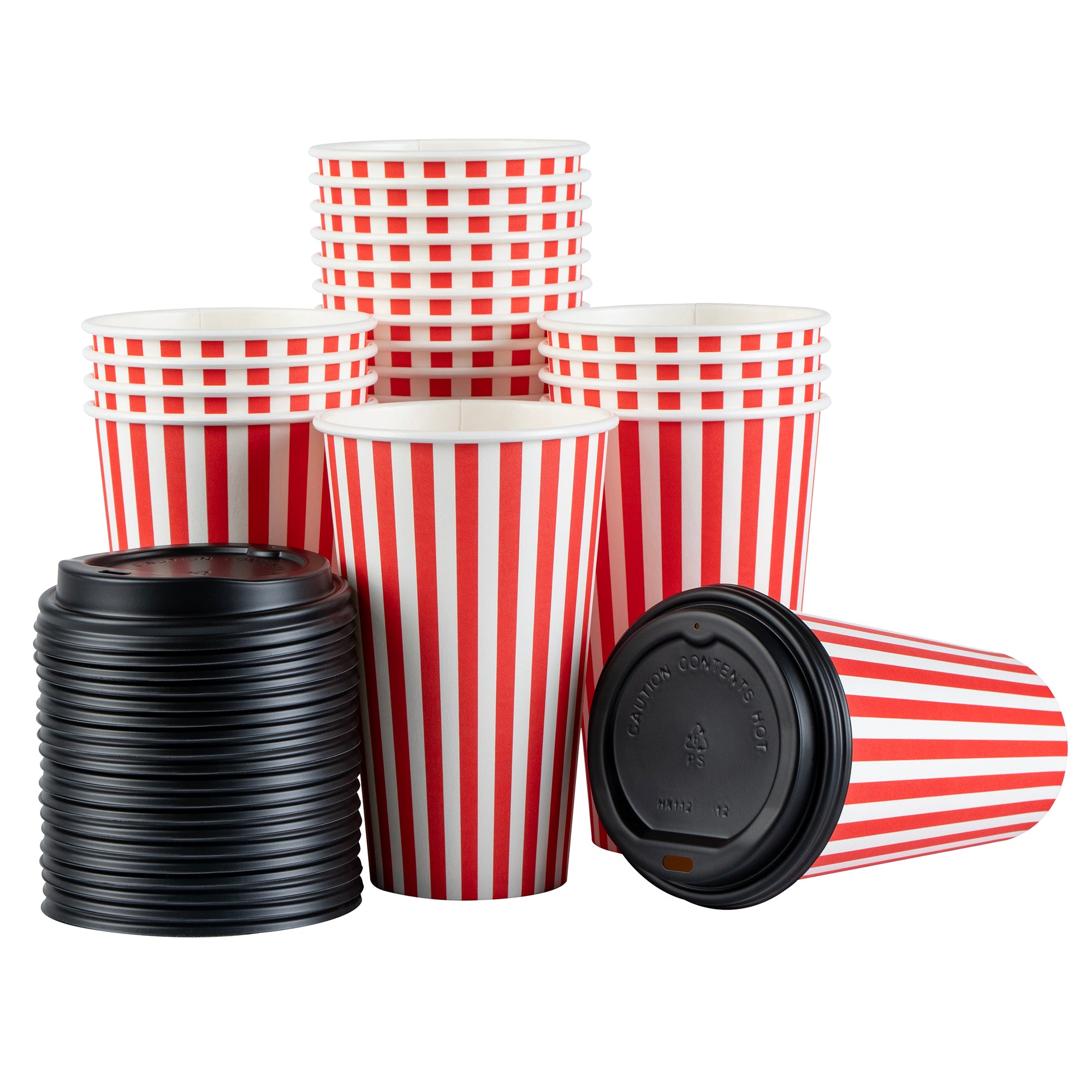 Restpresso 16 oz Red and White Stripe Paper Single Wall Coffee Cup - with Black Lid - 3 1/2"x 3 1/2"x 5 1/2" - 400 count box