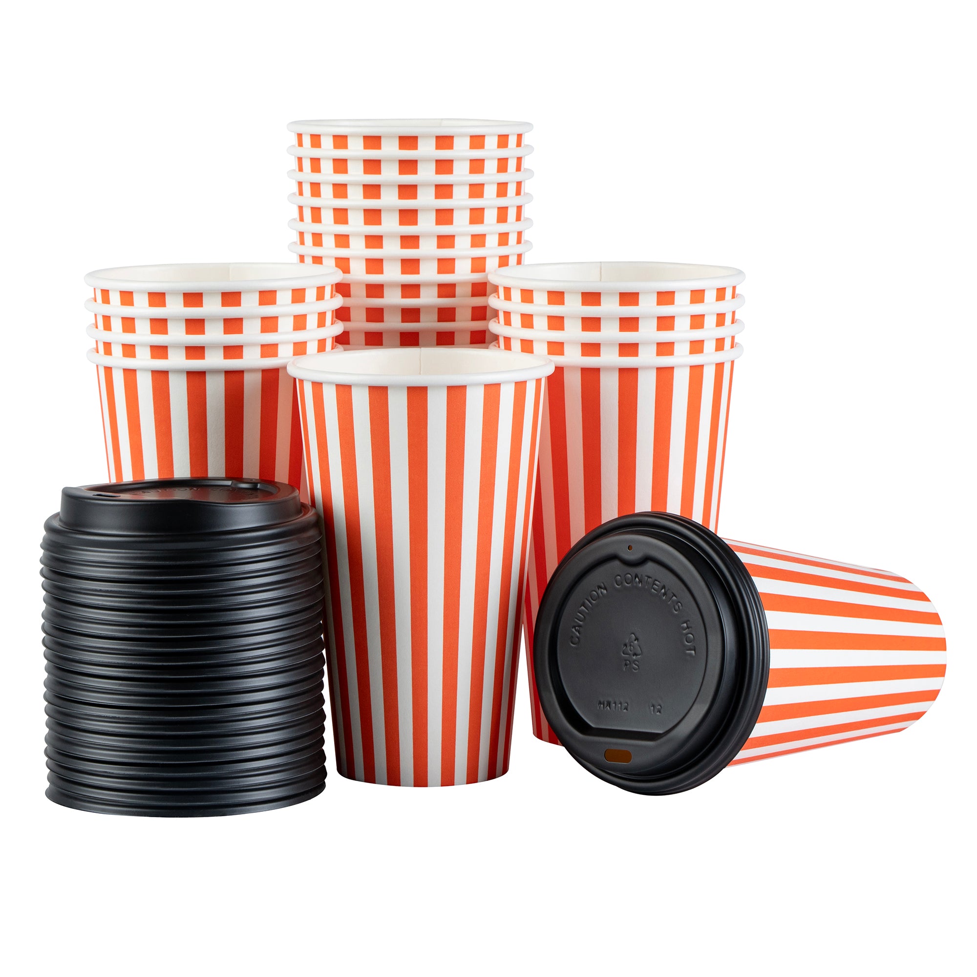 Restpresso 16 oz Orange and White Stripe Paper Single Wall Coffee Cup - with Black Lid - 3 1/2"x 3 1/2"x 5 1/2" - 400 count box