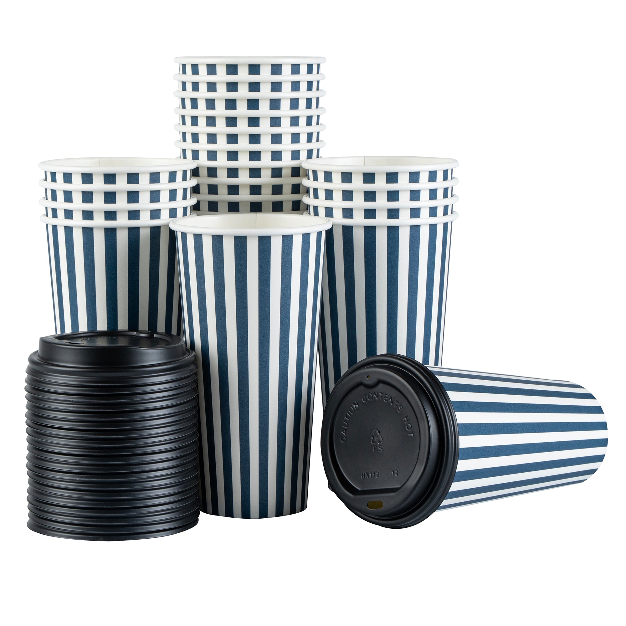 Restpresso 20 oz Blue and White Stripe Paper Single Wall Coffee Cup - with Black Lid - 3 1/2"x 3 1/2"x 6 1/4" - 400 count box