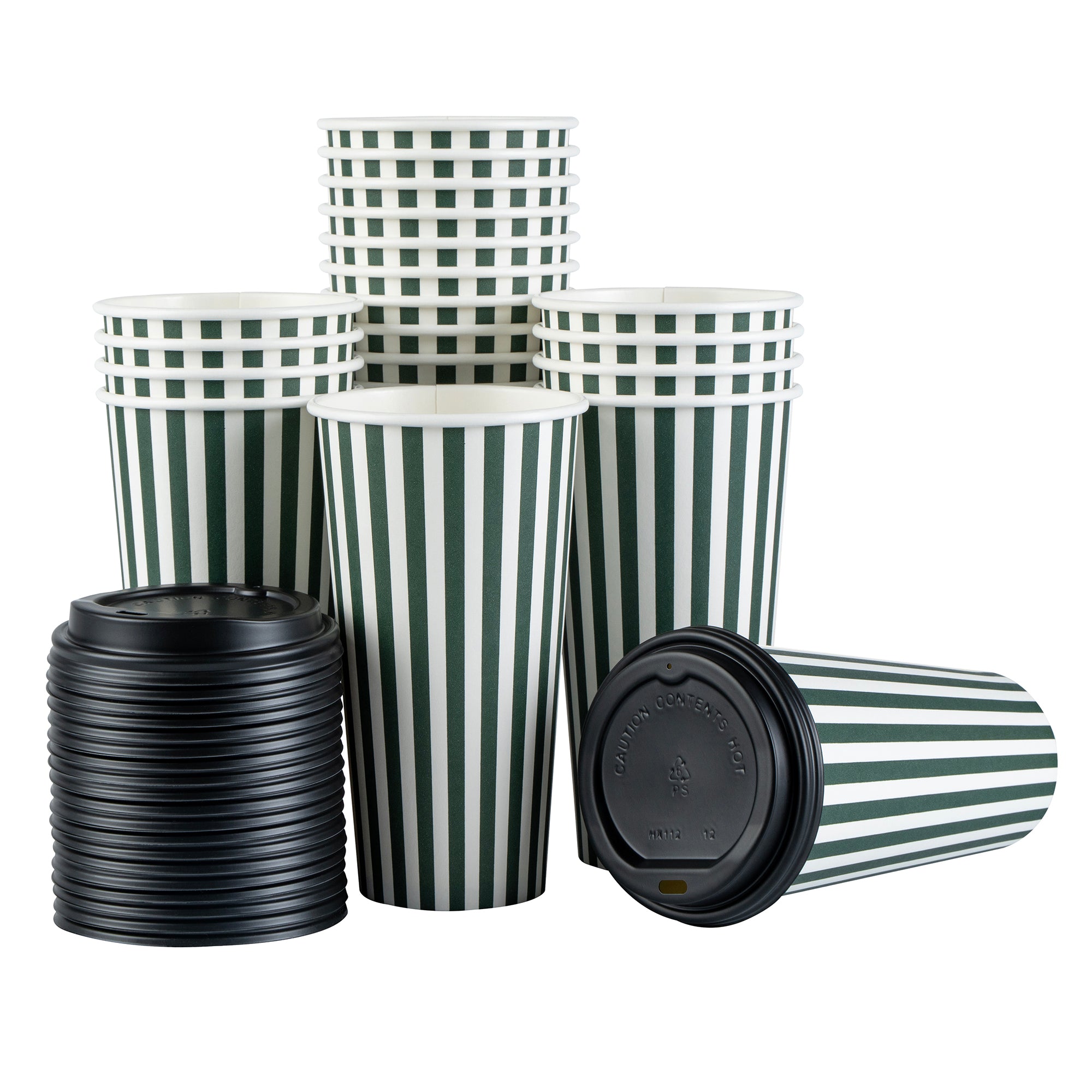 Restpresso 20 oz Forest Green and White Stripe Paper Single Wall Coffee Cup - with Black Lid - 3 1/2"x 3 1/2"x 6 1/4" - 400 count box