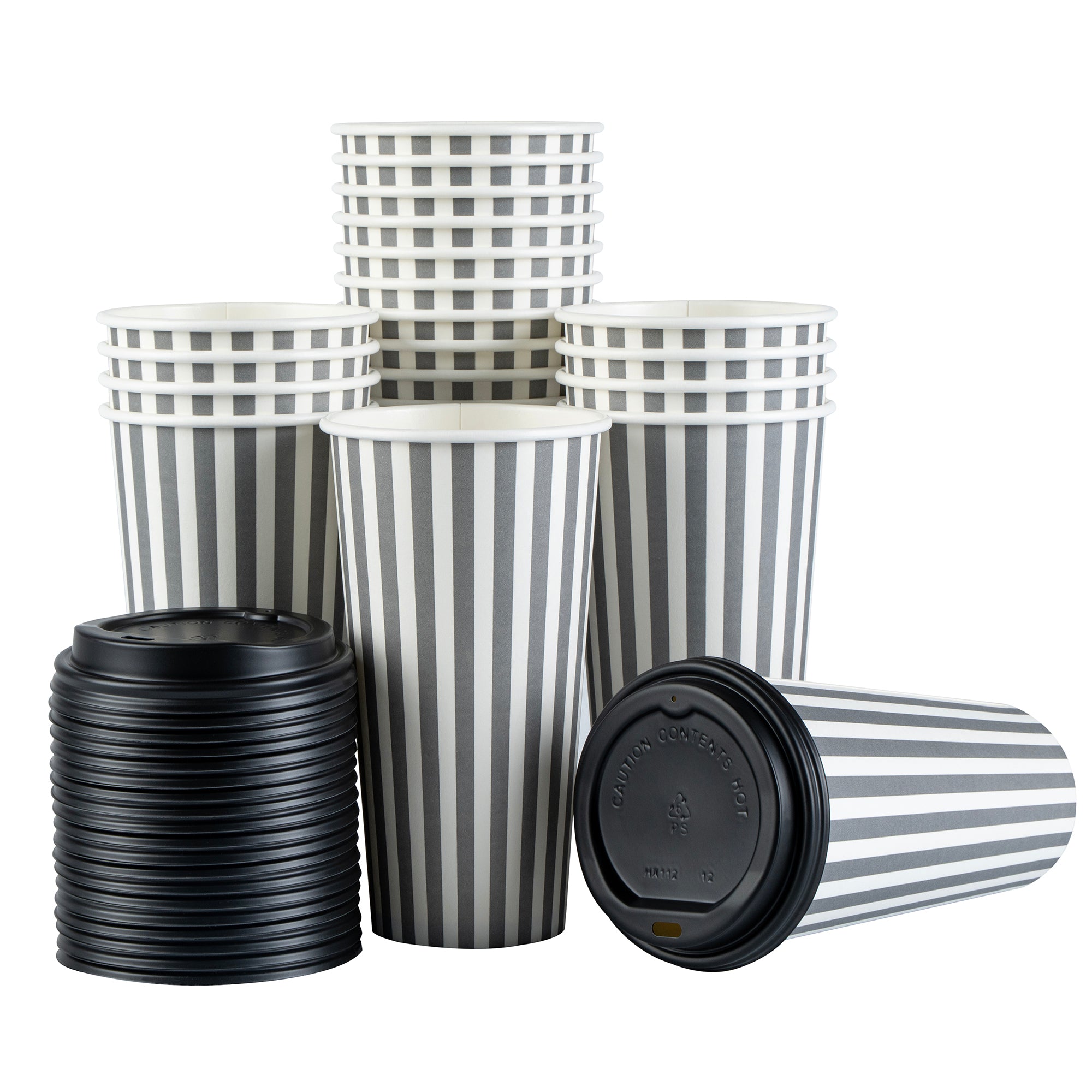 Restpresso 20 oz Gray and White Stripe Paper Single Wall Coffee Cup - with Black Lid - 3 1/2"x 3 1/2"x 6 1/4" - 400 count box