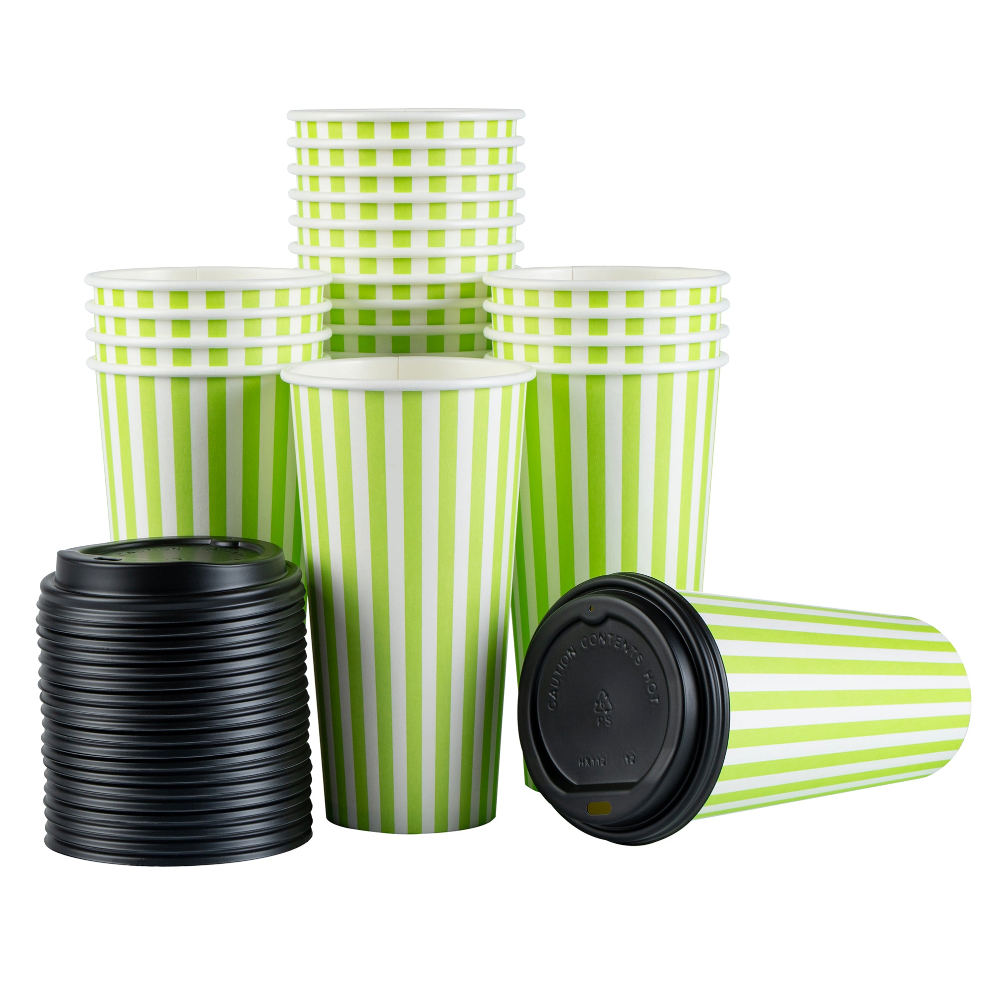 Restpresso 20 oz Green and White Stripe Paper Single Wall Coffee Cup - with Black Lid - 3 1/2"x 3 1/2"x 6 1/4" - 400 count box