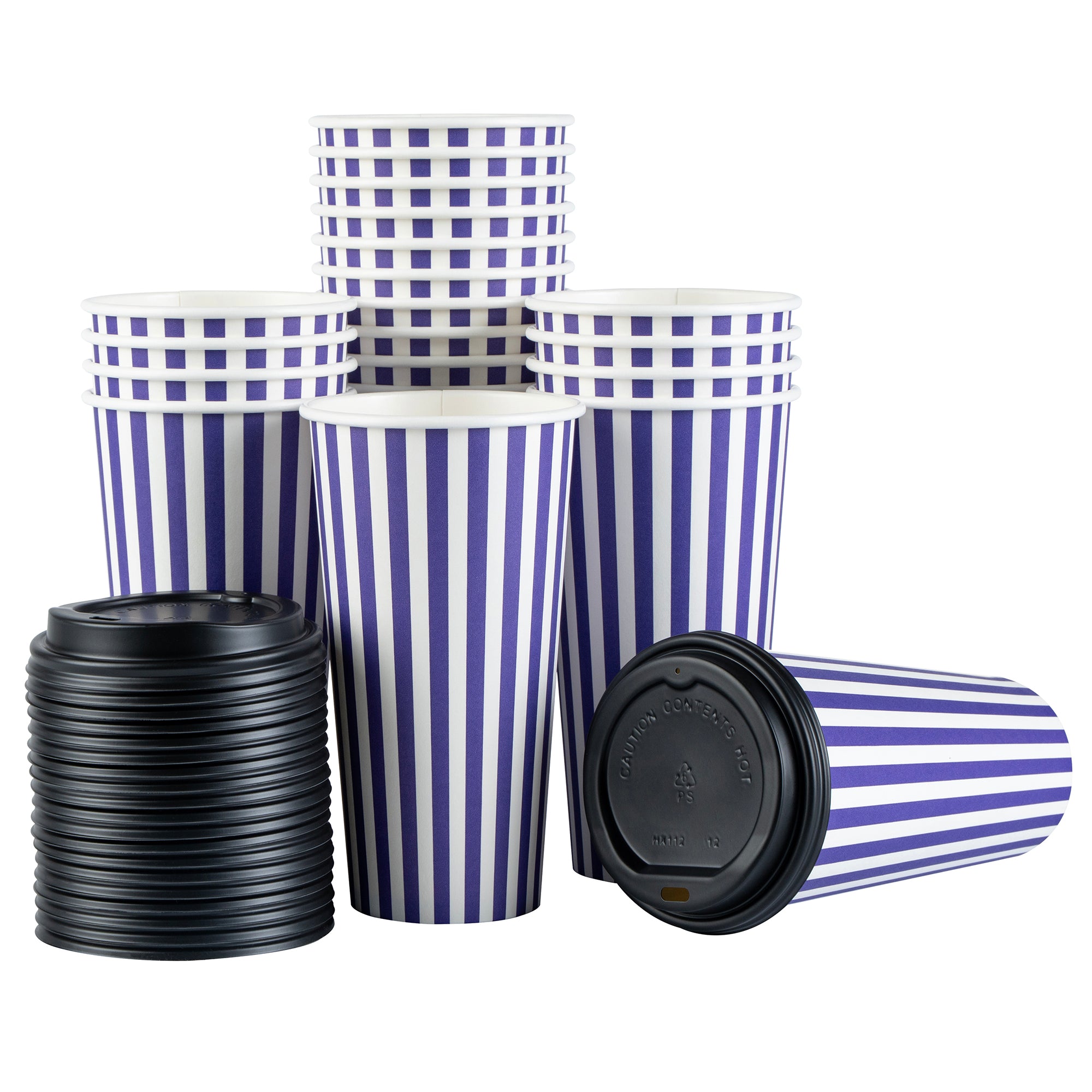 Restpresso 20 oz Purple and White Stripe Paper Single Wall Coffee Cup - with Black Lid - 3 1/2"x 3 1/2"x 6 1/4" - 400 count box