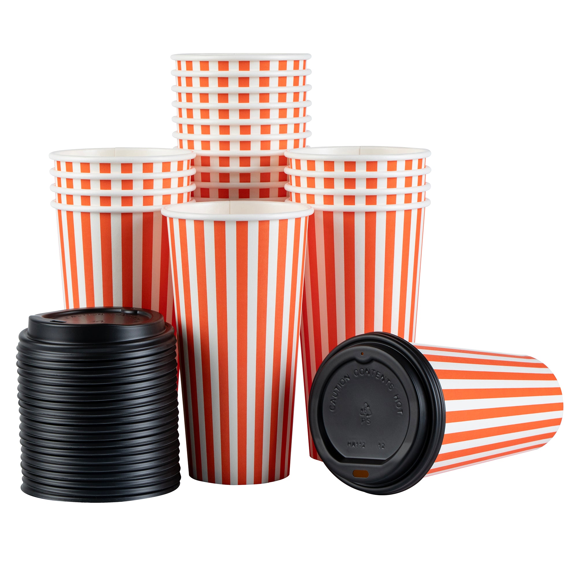 Restpresso 20 oz Orange and White Stripe Paper Single Wall Coffee Cup - with Black Lid - 3 1/2"x 3 1/2"x 6 1/4" - 400 count box