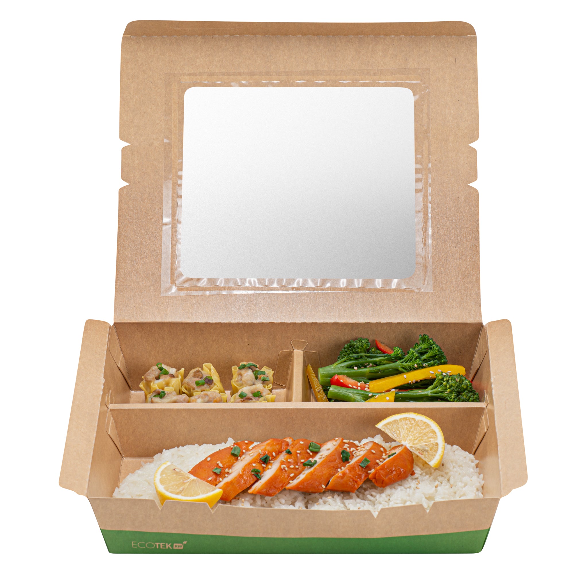 Eco Tek 78 oz Kraft and Green Paper Bento Box - with PLA Window, 3-Compartment, Compostable - 11" x 9" x 2" - 100 count box