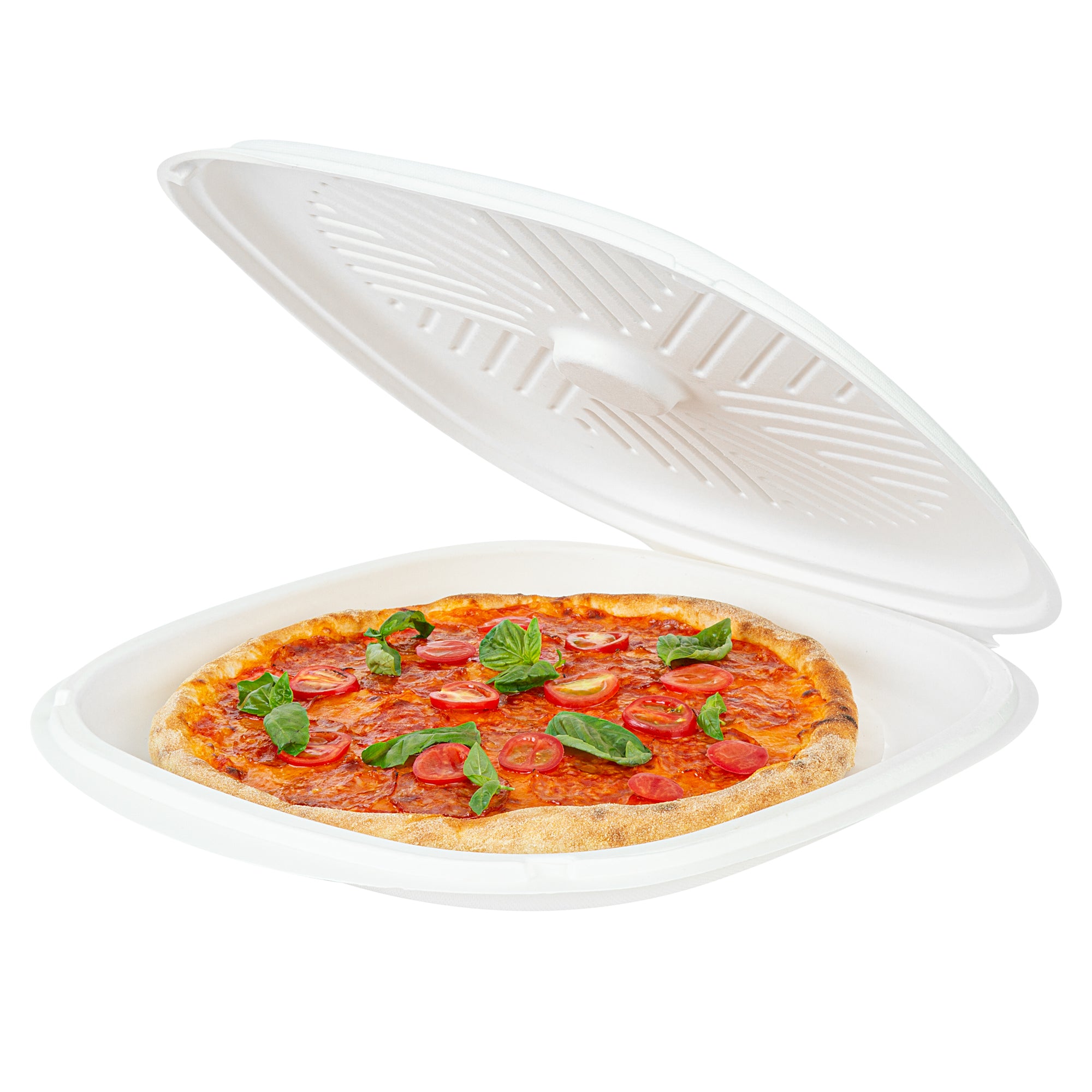 Pulp Safe No PFAS Added White Sugarcane / Bagasse Pizza Box - 13 3/4" x 13 3/4" x 1" - 50 count box