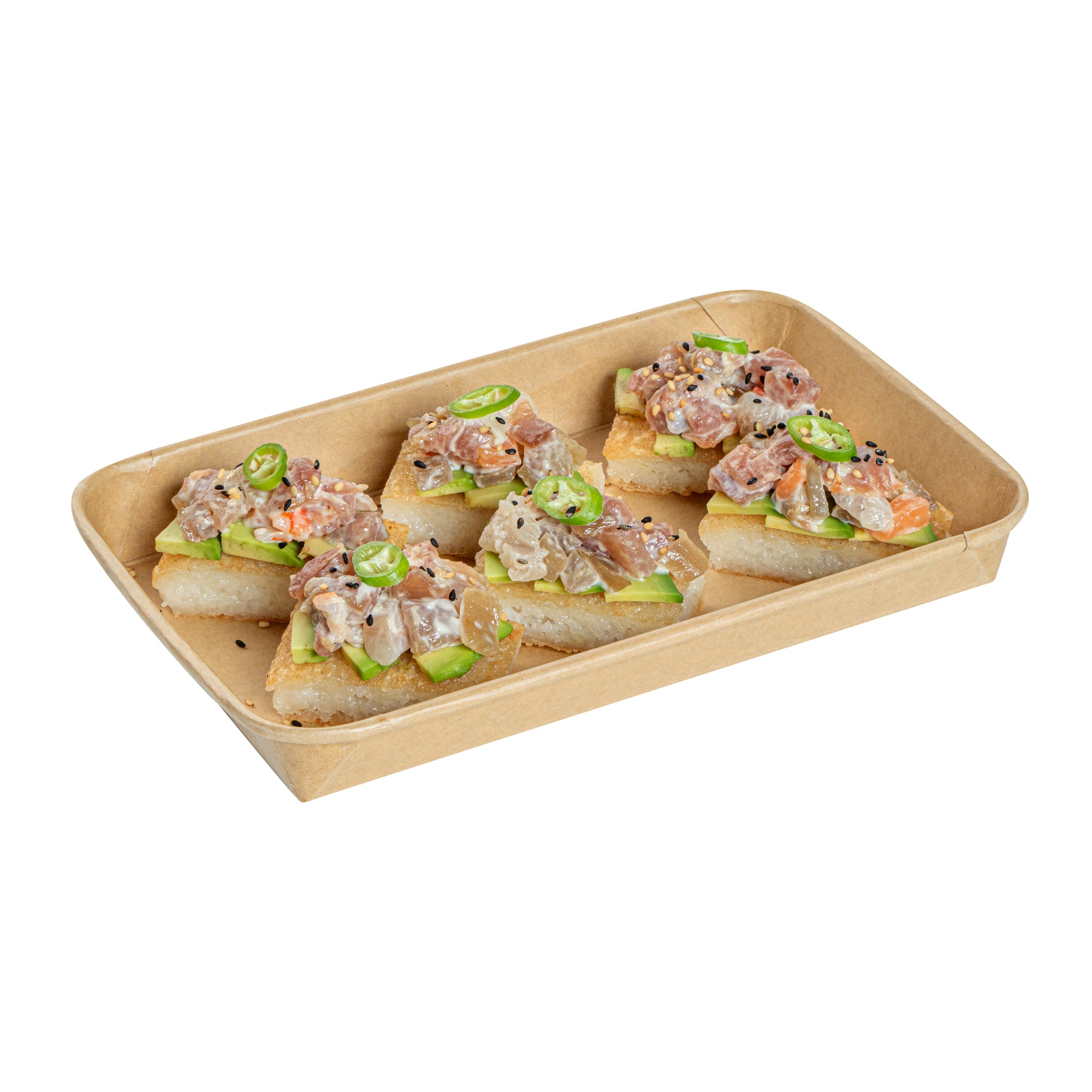 Matsuri Vision 15 oz Rectangle Kraft Paper Sushi Container - 8 3/4" x 5 1/2" x 1" - 100 count box