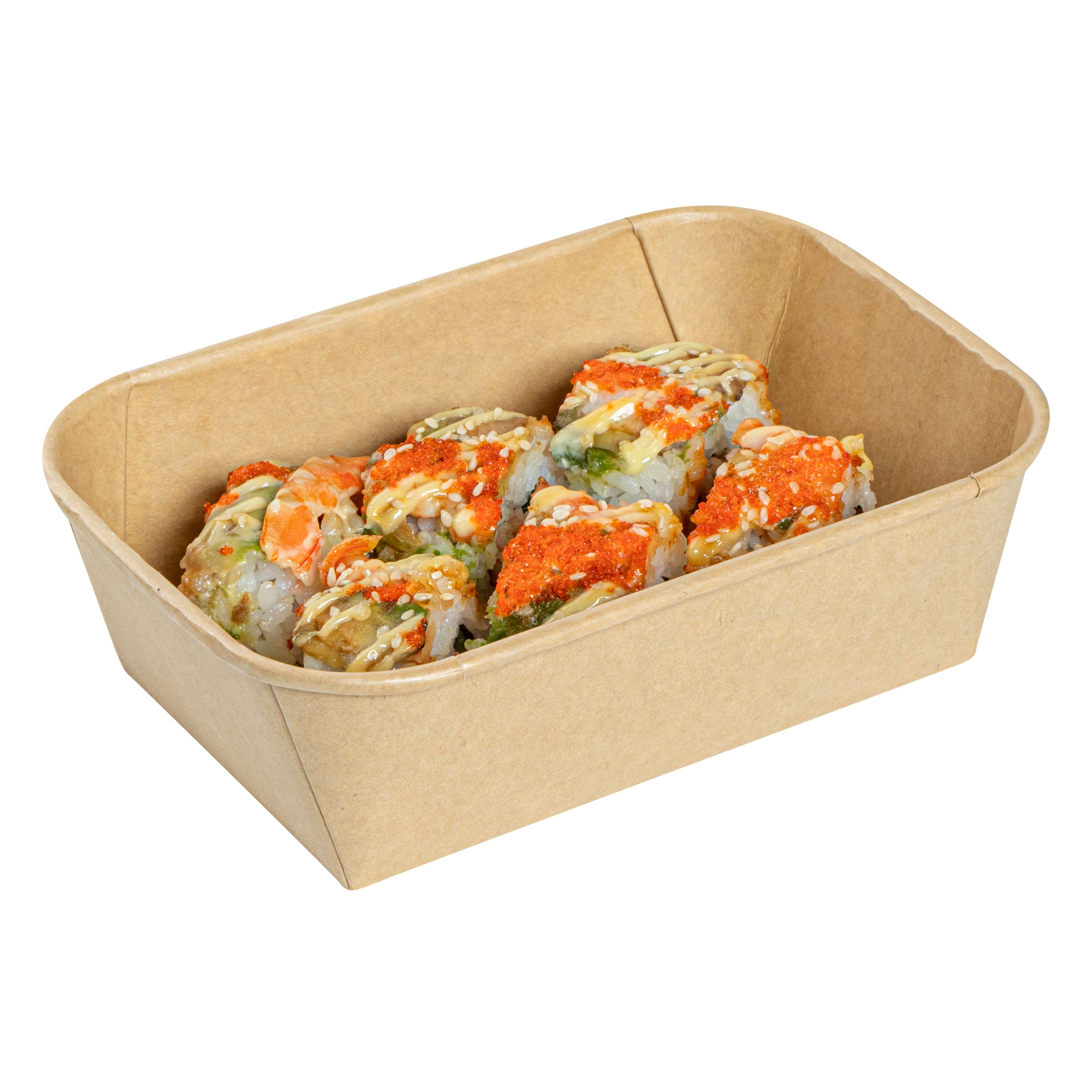 Matsuri Vision 22 oz Rectangle Kraft Paper Sushi Container - 6 1/2" x 4 3/4" x 2" - 100 count box