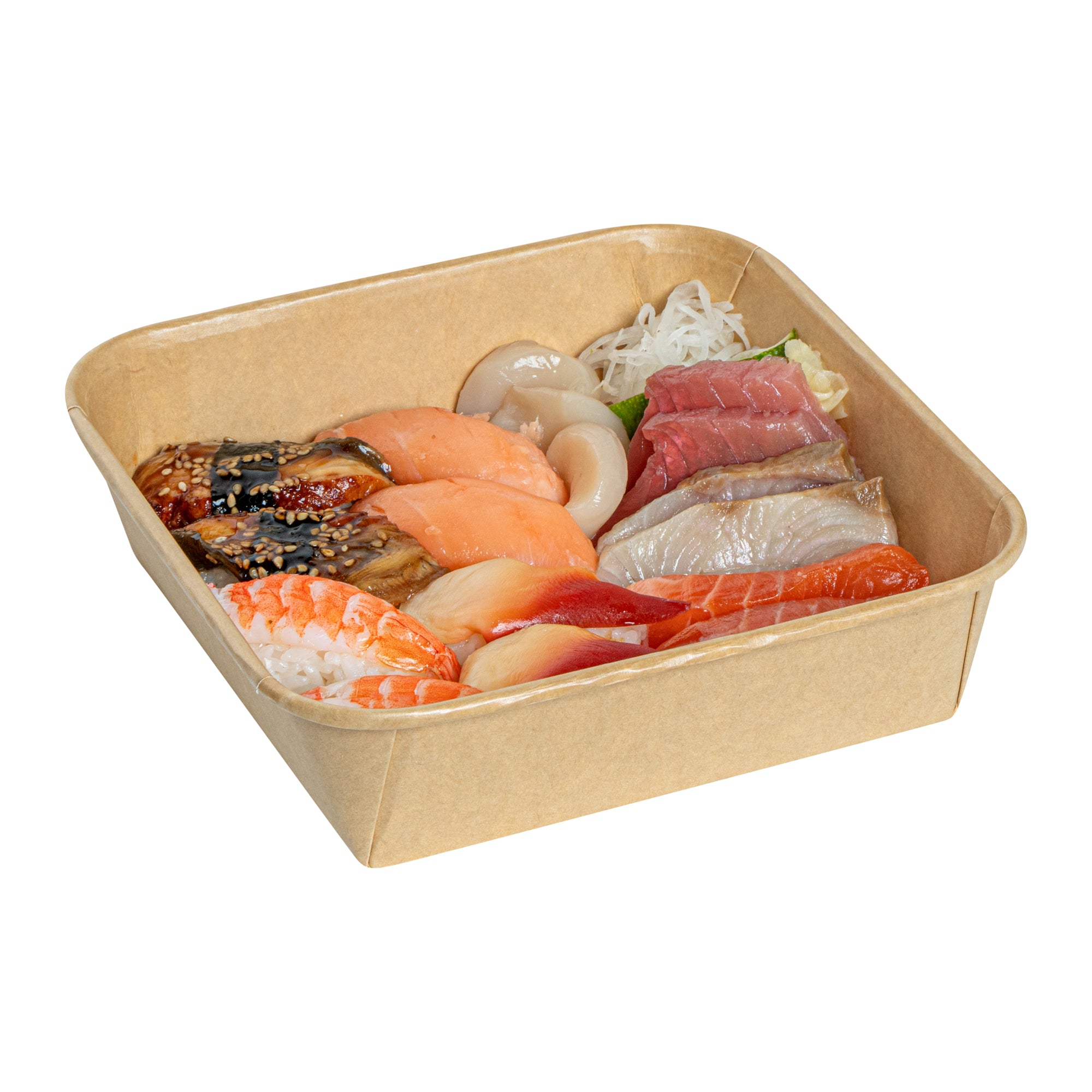 Matsuri Vision 34 oz Square Kraft Paper Sushi Container - 7" x 7" x 2" - 100 count box