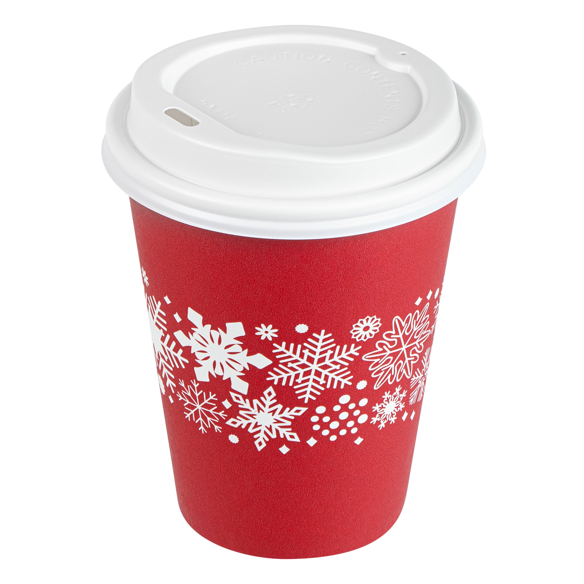 Restpresso 12 oz Red Christmas Snowflakes Paper Single Wall Coffee Cup - with White Lid - 3 1/2" x 3 1/2" x 4 3/4" - 400 count box