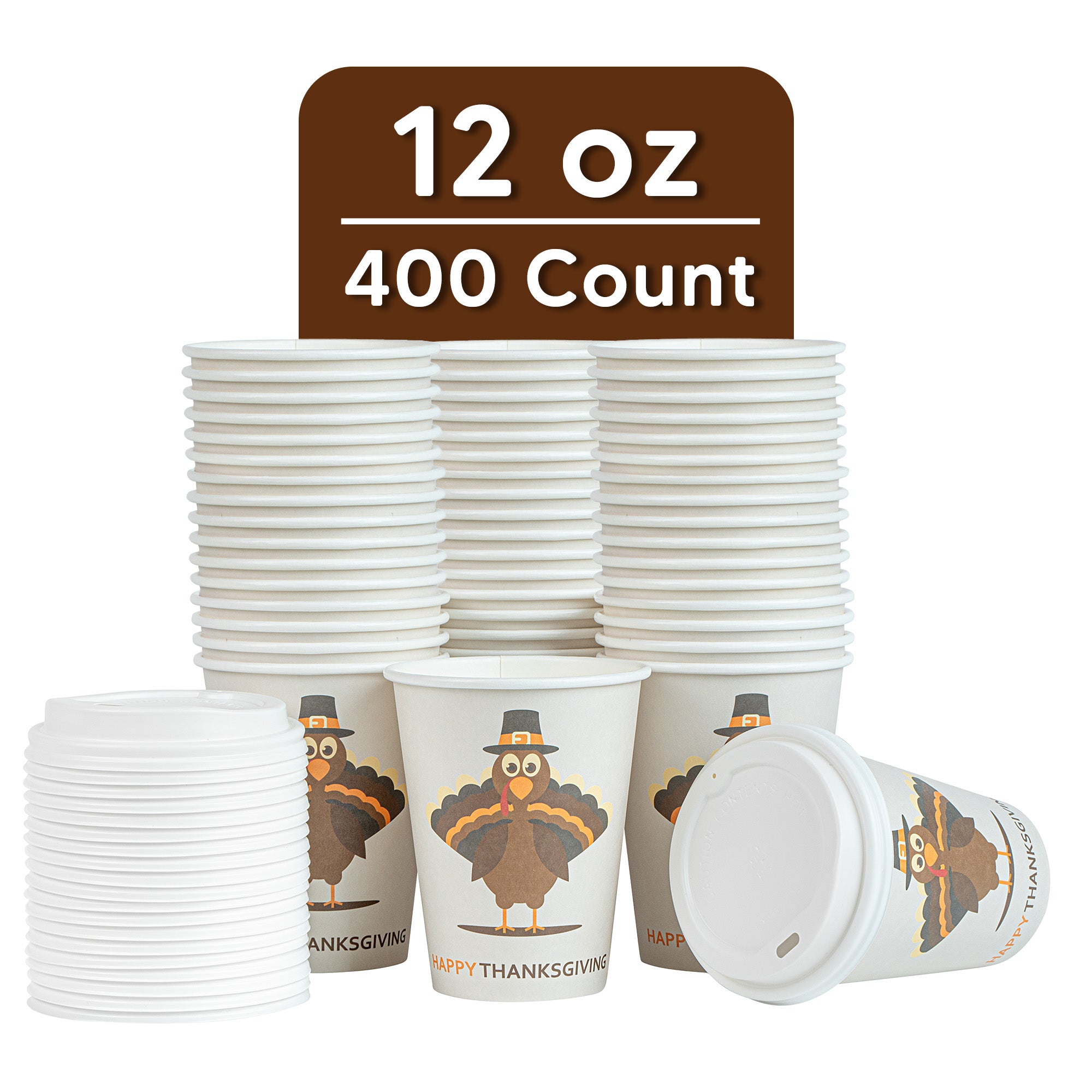 Restpresso 12 oz Happy Thanksgiving Paper Single Wall Coffee Cup - with White Lid - 3 1/2" x 3 1/2" x 4 3/4" - 400 count box