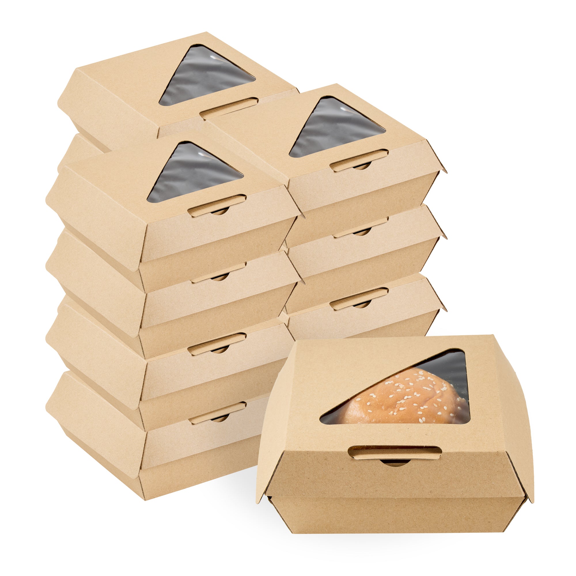 Eco Tek Kraft Paper Corrugated Burger Box - with PLA Window - 5 1/2" x 5 1/2" x 2 3/4" - 100 count box