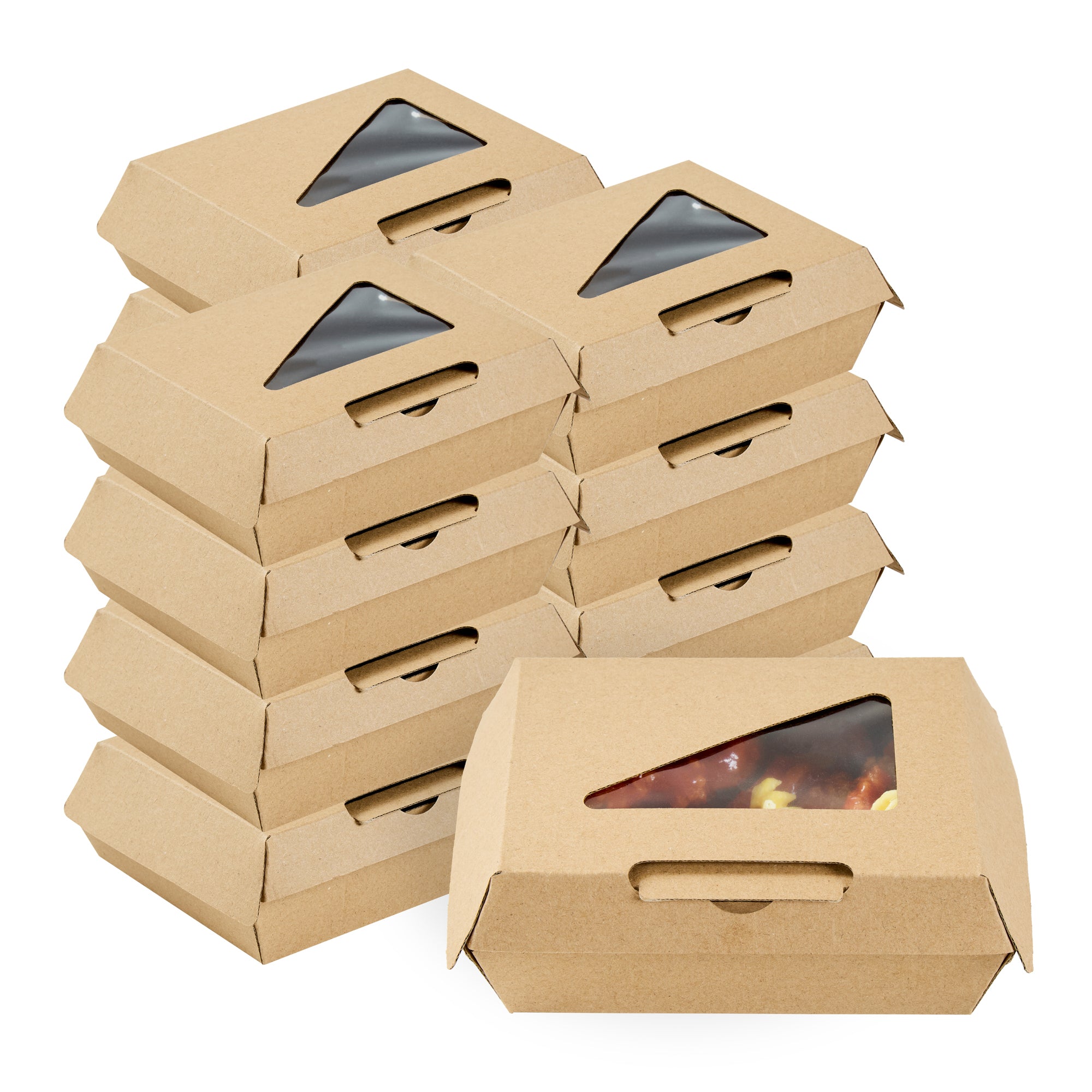 Eco Tek Square Kraft Paper Corrugated Clamshell Container - with PLA Window - 5" x 4" x 2" - 100 count box