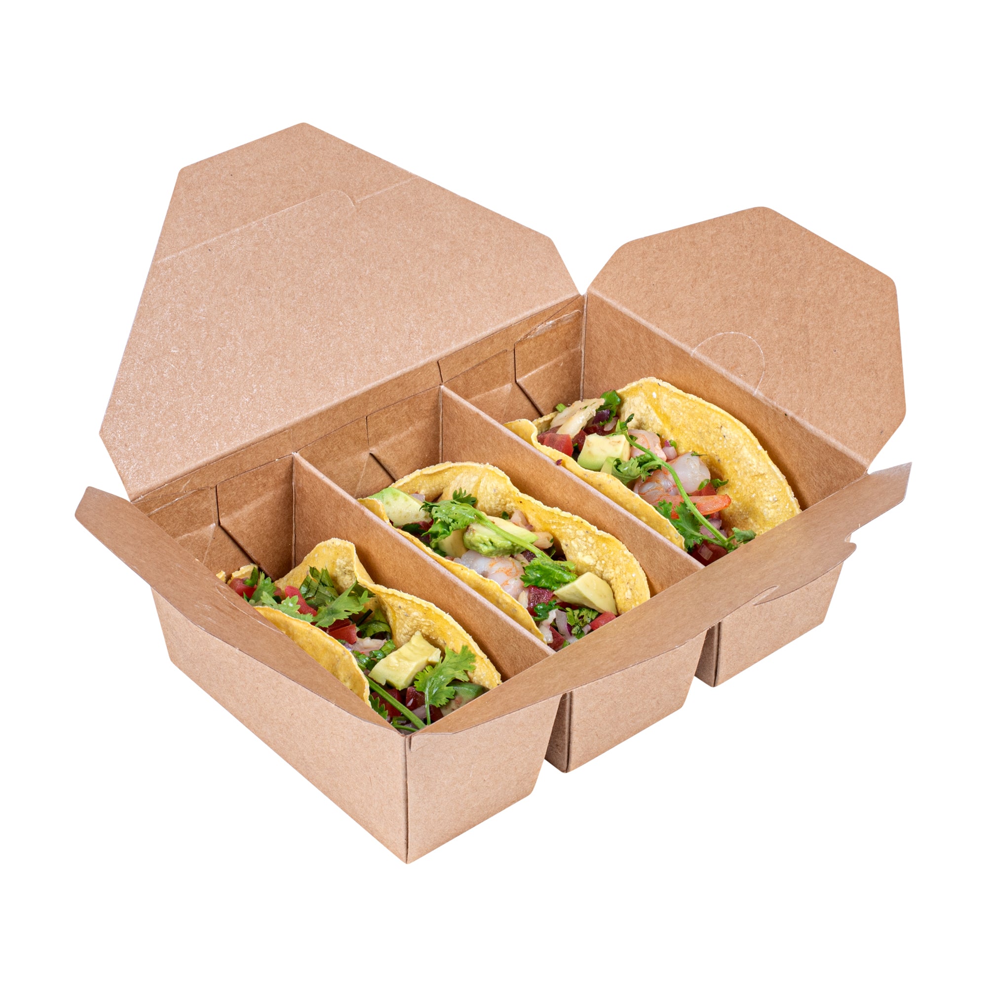 Sustain Kraft Paper Taco Take Out Container - with PLA Lining, Compostable, 3 Compartments - 7 1/2" x 5 1/2" x 2" - 100 count box