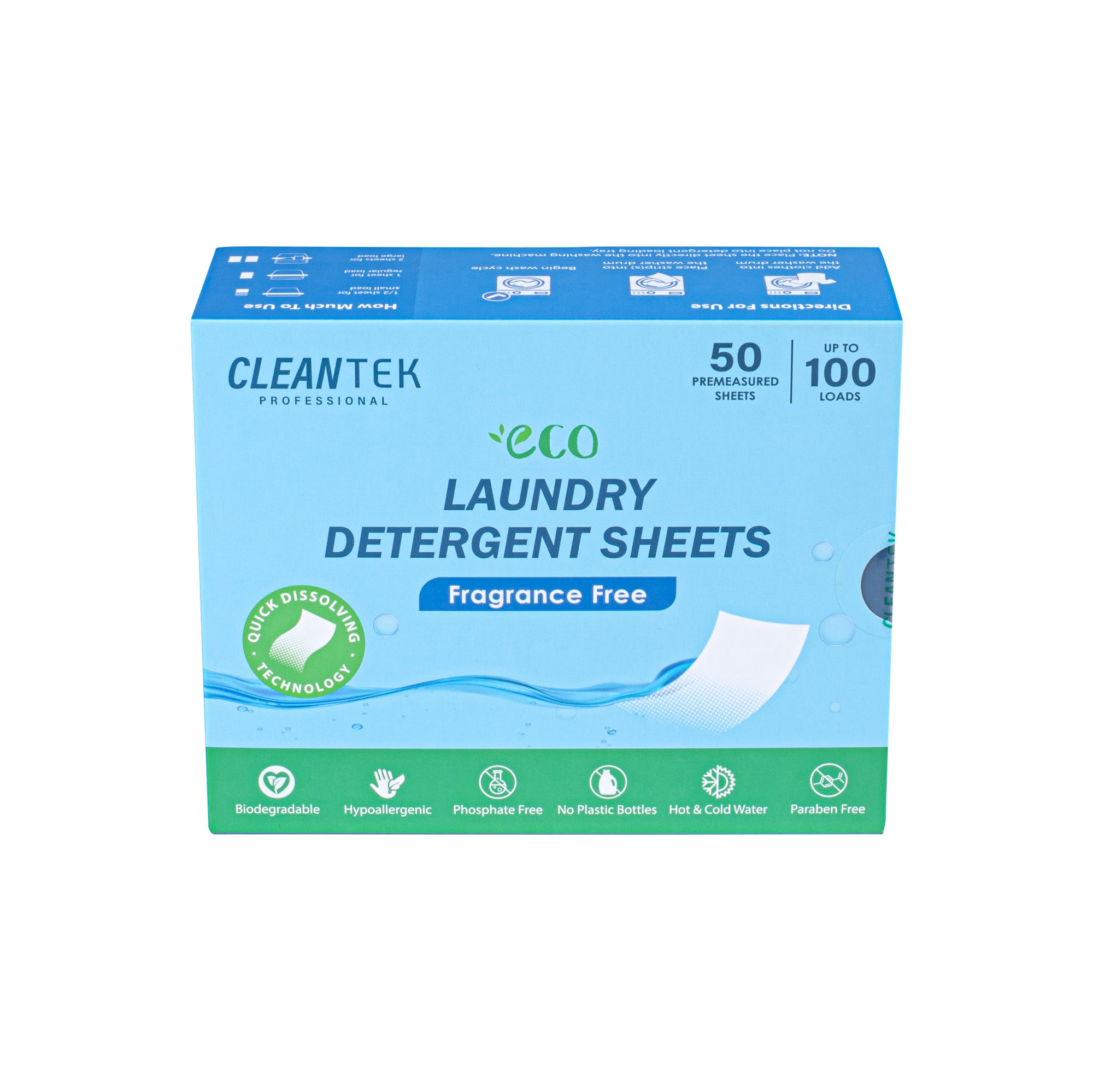 Clean Tek Professional Liquidless Laundry Detergent Sheet - Fragrance Free, Biodegradable, Hypoallergenic - 50 count box