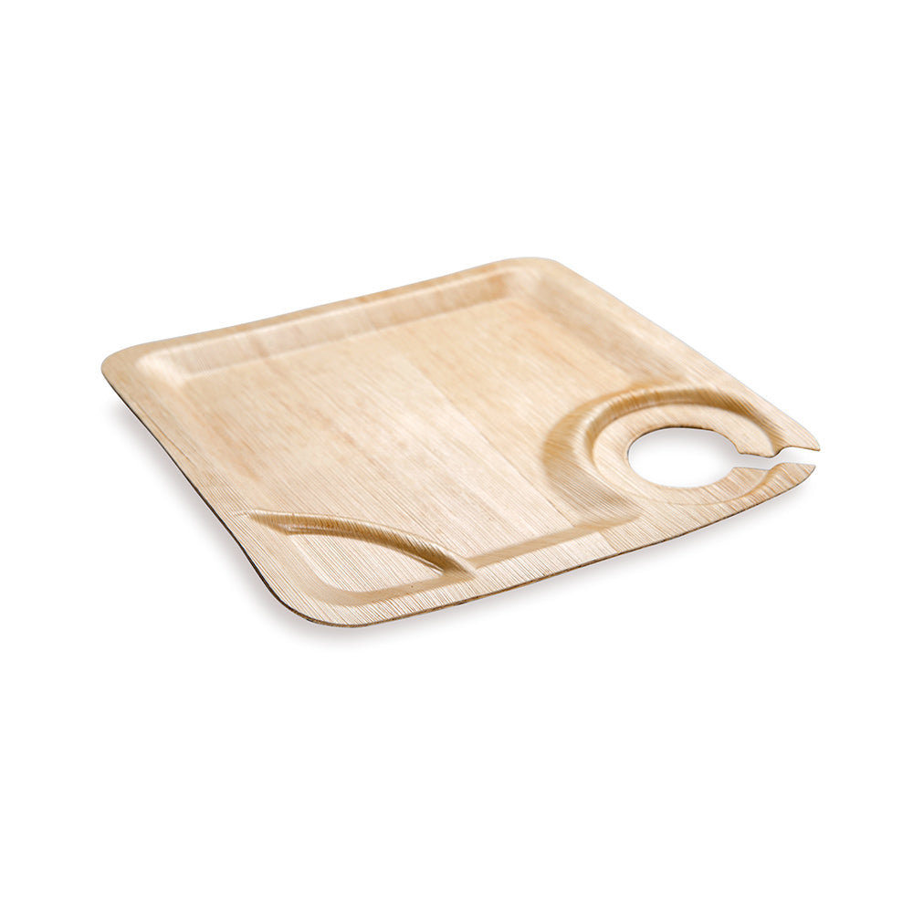 Square Natural Bamboo Leaf Plate with Cup Holder - 9" x 9" x 1/2" - 50 count box