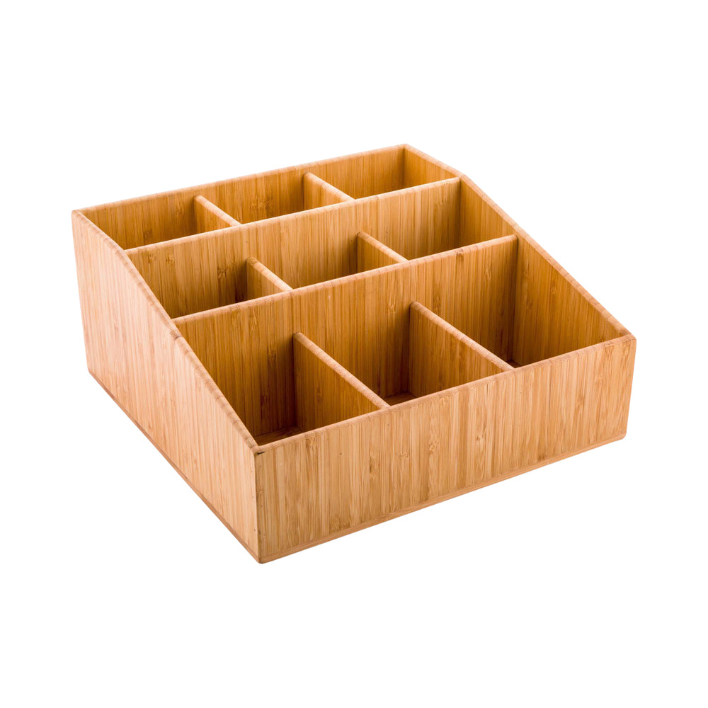 Square Natural Bamboo Condiment Organizer - 9 Compartments - 11 3/4" x 11 3/4" x 5 1/2" - 1 count box