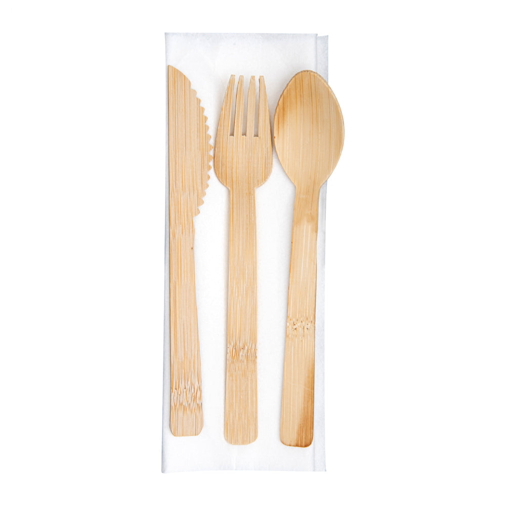 Natural Bamboo Disposable Flatware Set - with White Napkin - 6 3/4" x 3 1/4" x 3/4" - 100 count box