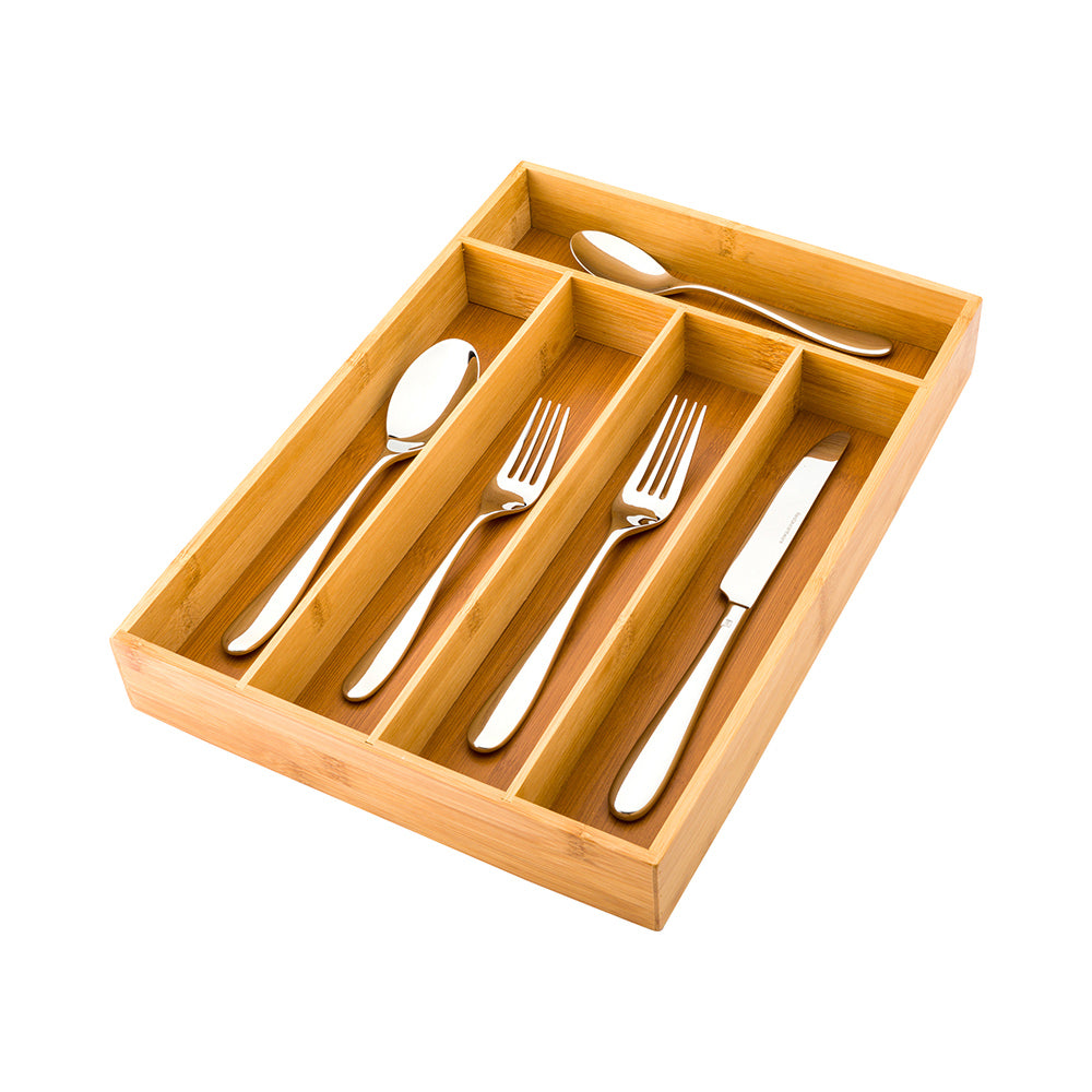 Natural Bamboo Flatware Drawer Organizer - 5 Compartments - 13 3/4" x 10" x 2" - 1 count box