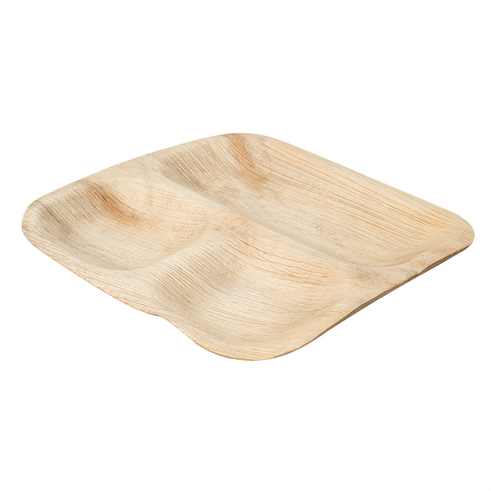 Indo Square Natural Palm Leaf Plate - 3-Compartment - 9" x 9" x 1" - 100 count box