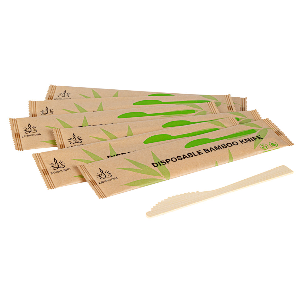 Bambuddha Natural Bamboo Disposable Knife - with Kraft Paper Pouch - 7" x 3/4" - 1000 count box