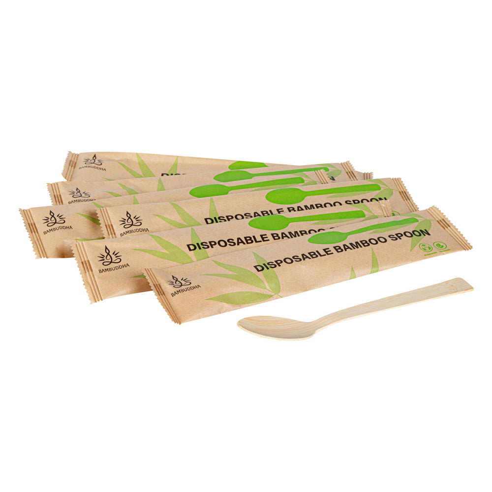 Bambuddha Natural Bamboo Disposable Spoon - with Kraft Paper Pouch - 7" x 1 1/4" - 1000 count box