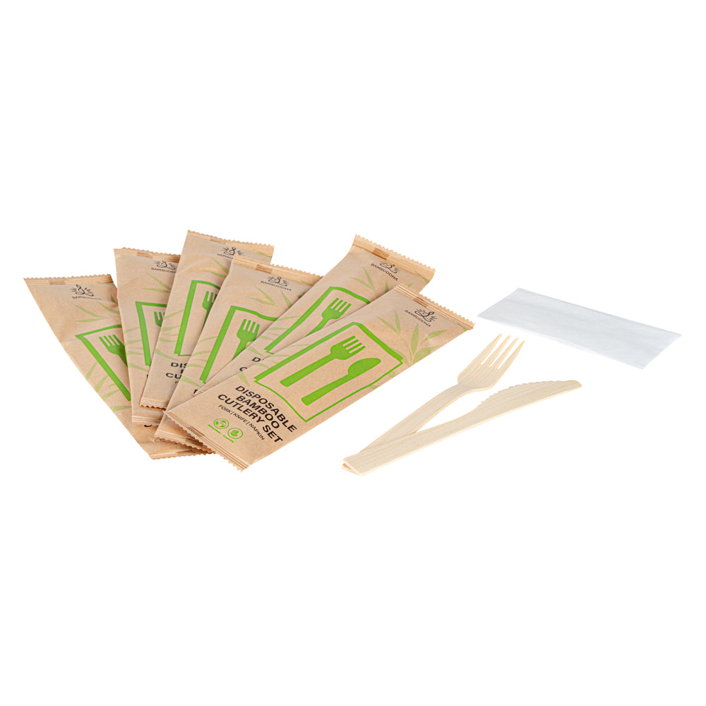 Bambuddha Natural Bamboo Disposable Fork / Knife Set - with White Napkin and Kraft Paper Pouch - 7" - 500 count box