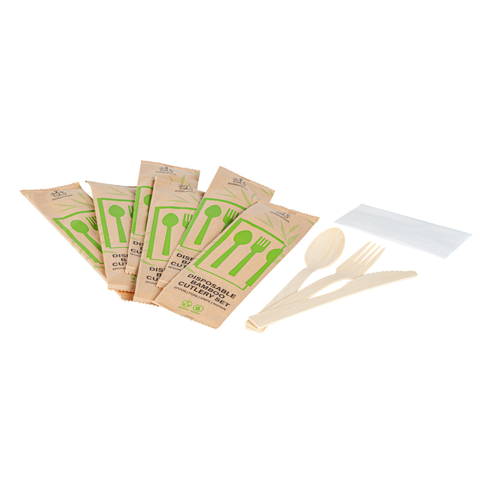 Bambuddha Natural Bamboo Disposable Cutlery Set - with White Napkin and Kraft Paper Pouch - 7" - 500 count box