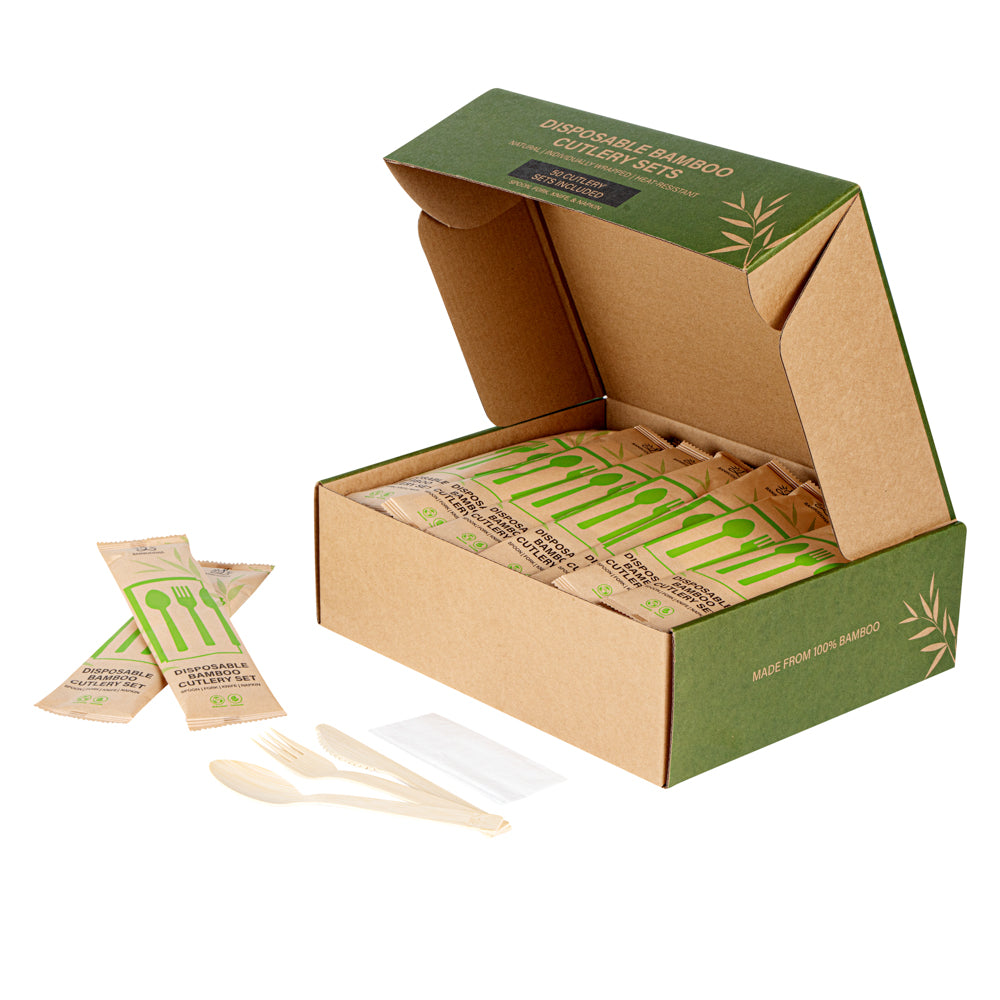 Bambuddha Natural Bamboo Disposable Cutlery Set - with Kraft Paper Pouch - 7" - 50 count box