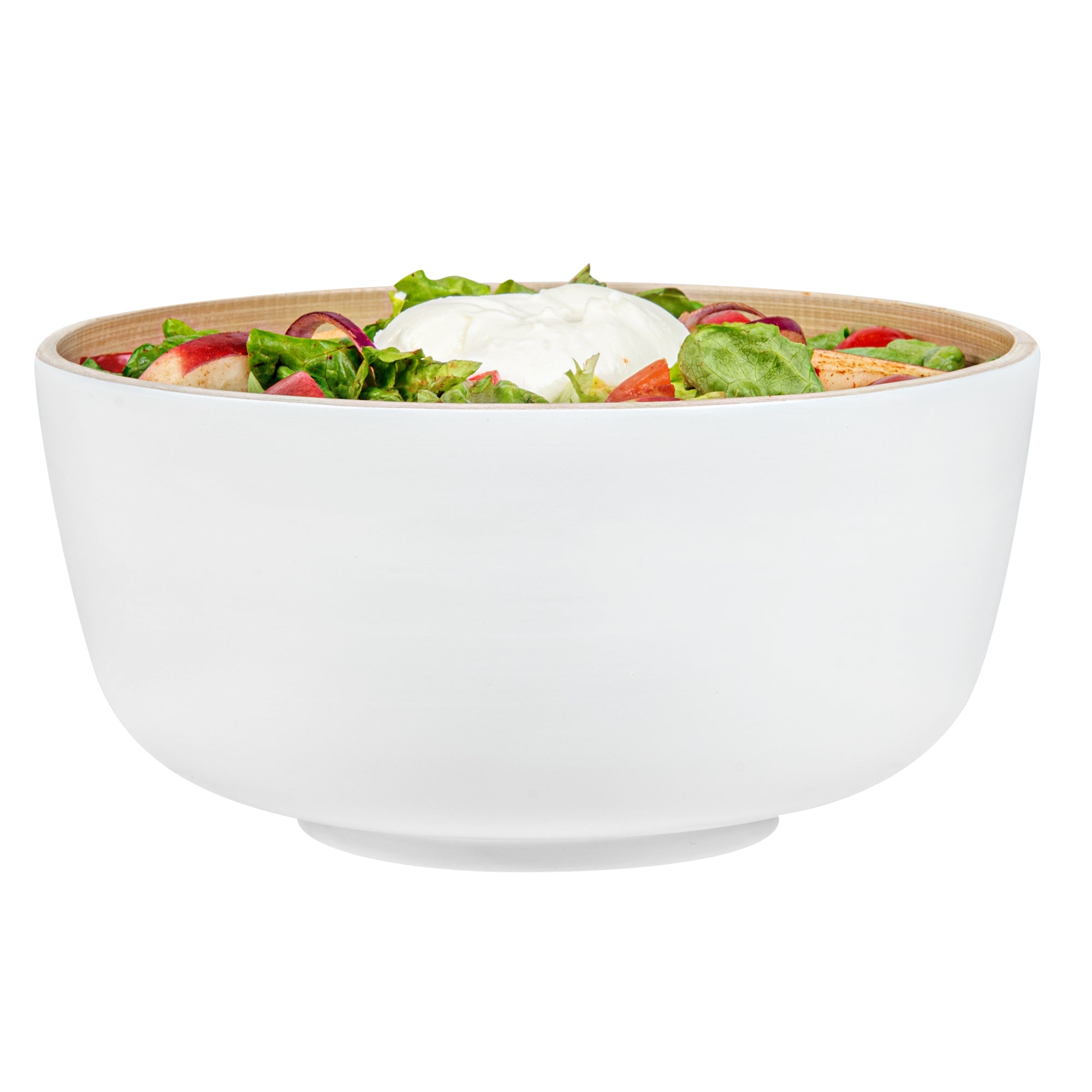 Bambuddha 25 oz Round White Spun Bamboo Medium Salad Bowl - 9 1/2" x 9 1/2" x 4 3/4" - 1 count box