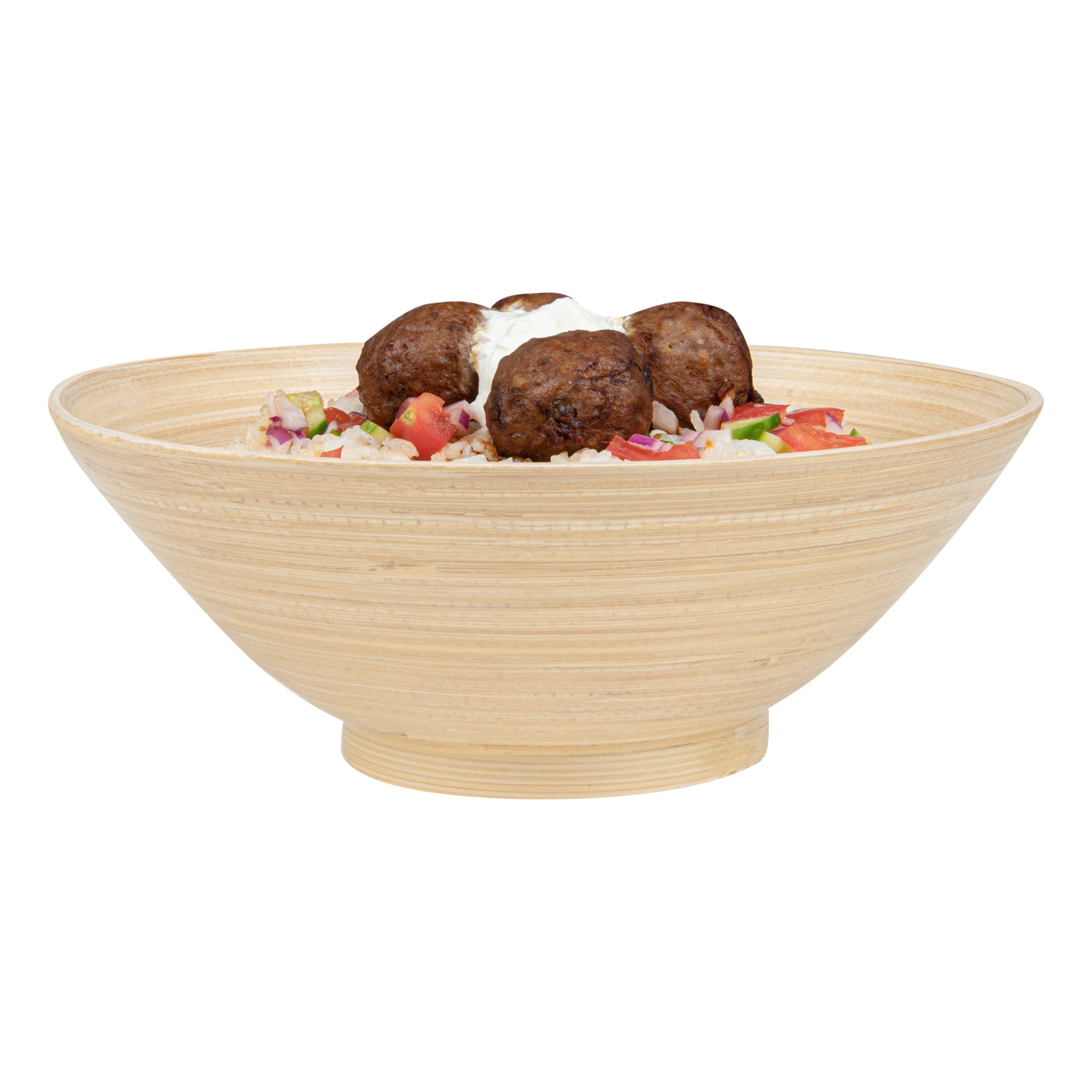 Bambuddha 29 oz Round Natural Spun Bamboo Serving Bowl - 8 1/4" x 8 1/4" x 3 1/4" - 1 count box