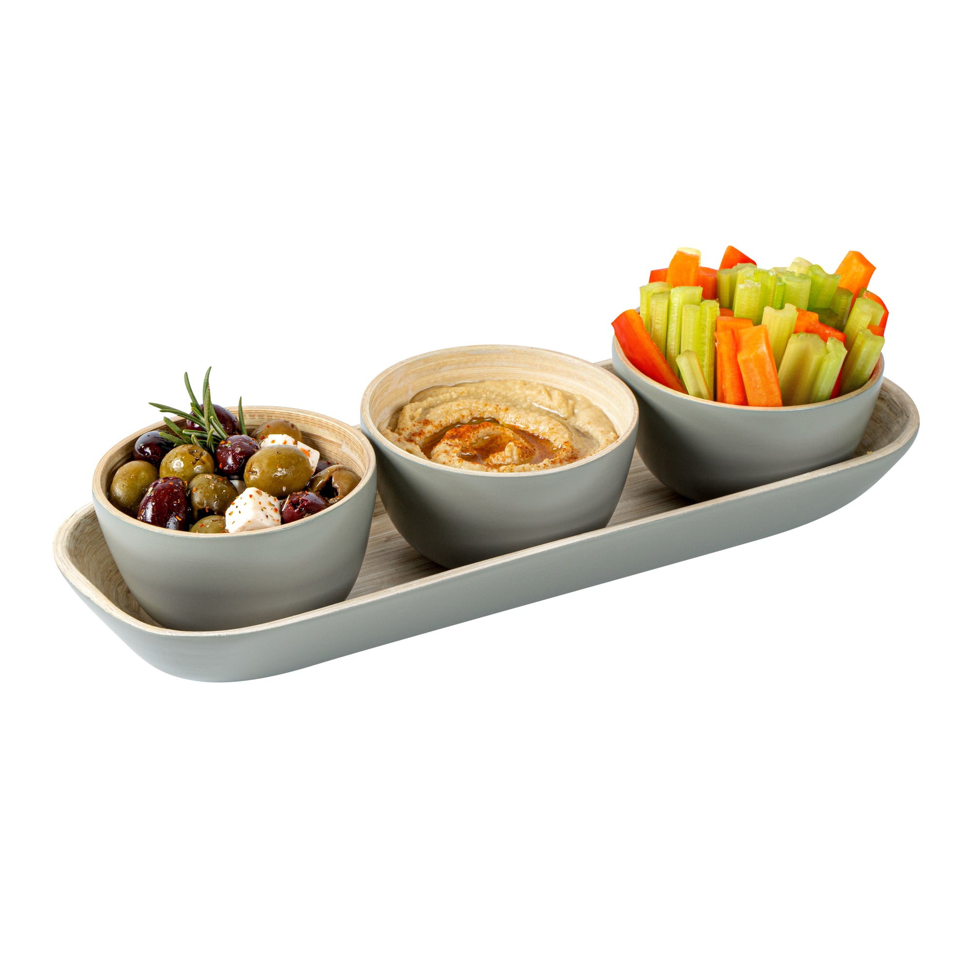 Bambuddha Gray Bamboo Bowl Set - 3 Bowls, Bamboo Tray - 11 3/4" x 4 1/4" x 1 3/4" - 10 count box