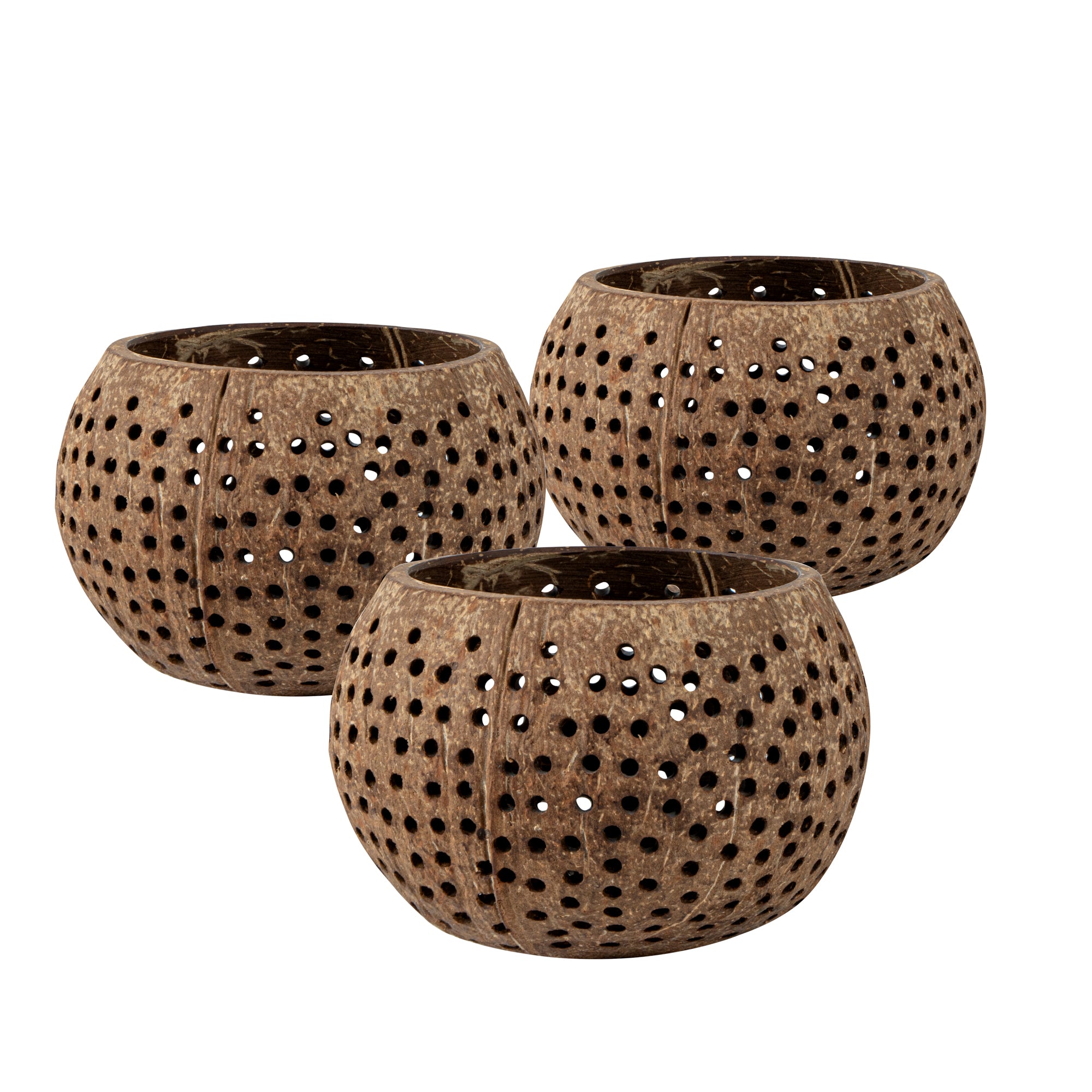 Coco Casa Tan Handmade Coconut Shell Candle Holder - Dotted Pattern - 4" x 4" x 3 1/4" - 10 count box