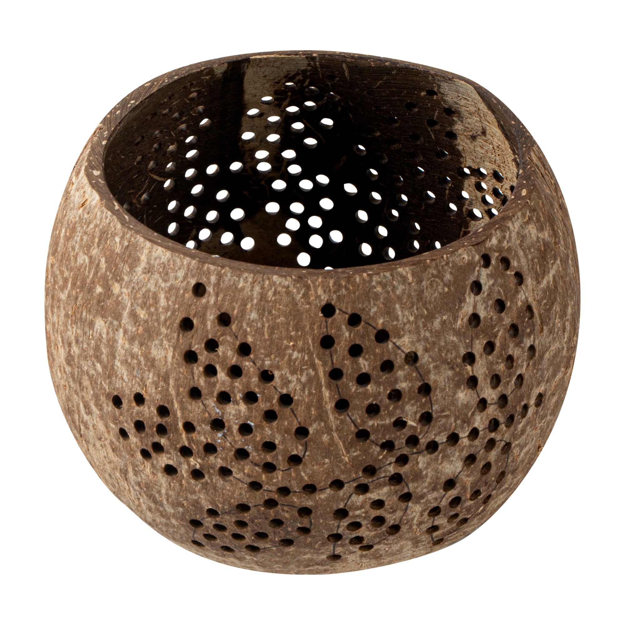 Coco Casa Brown Handmade Coconut Shell Candle Holder - Leaf Pattern - 4" x 4" x 3 1/4" - 10 count box