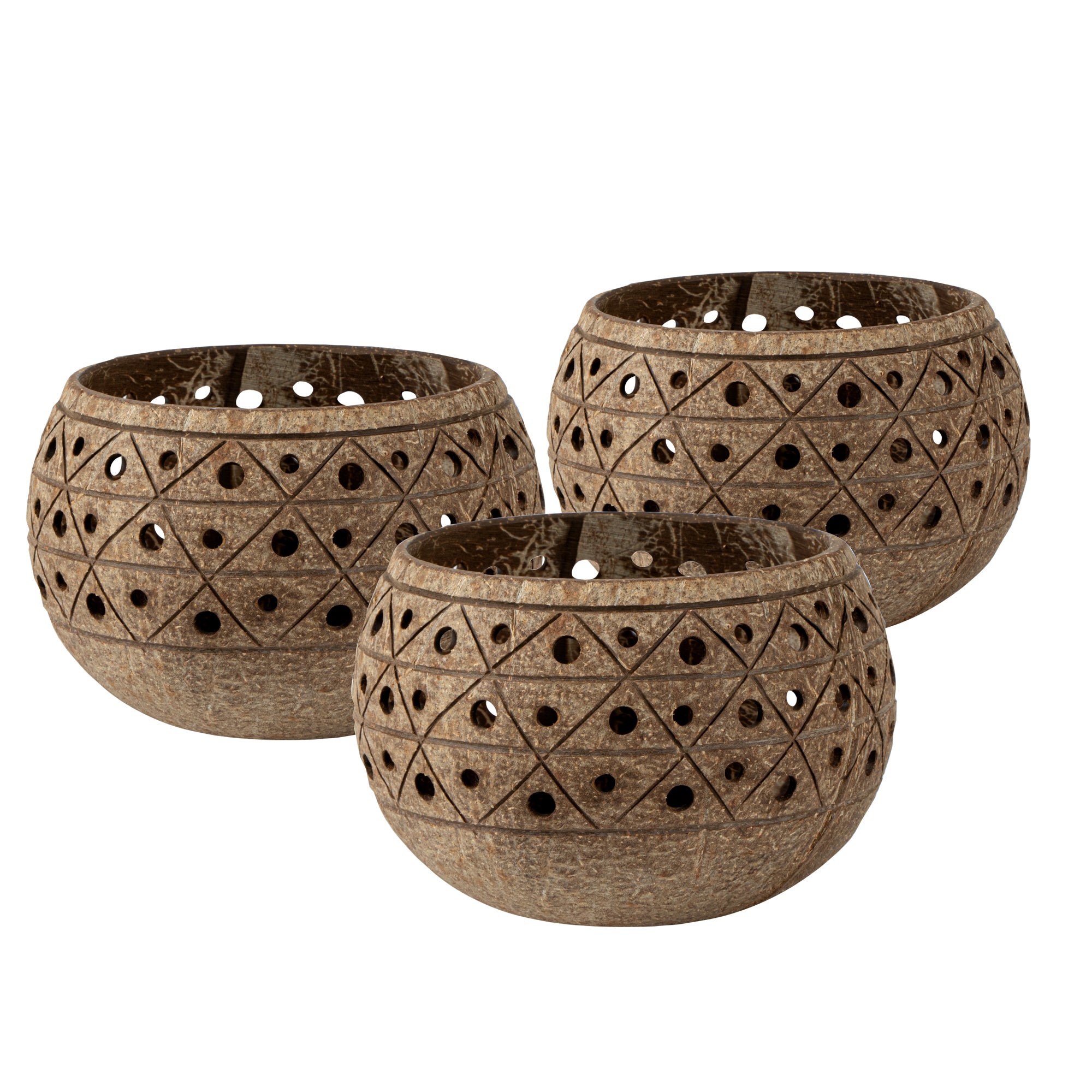 Coco Casa Tan Handmade Coconut Shell Candle Holder - Geometric Pattern - 4" x 4" x 3 1/4" - 10 count box